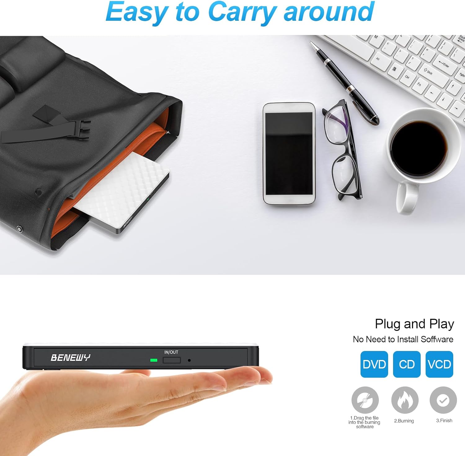 Benewy Lettore Masterizzatore CD/DVD Esterno USB 3.0 & Type C - immagine 7