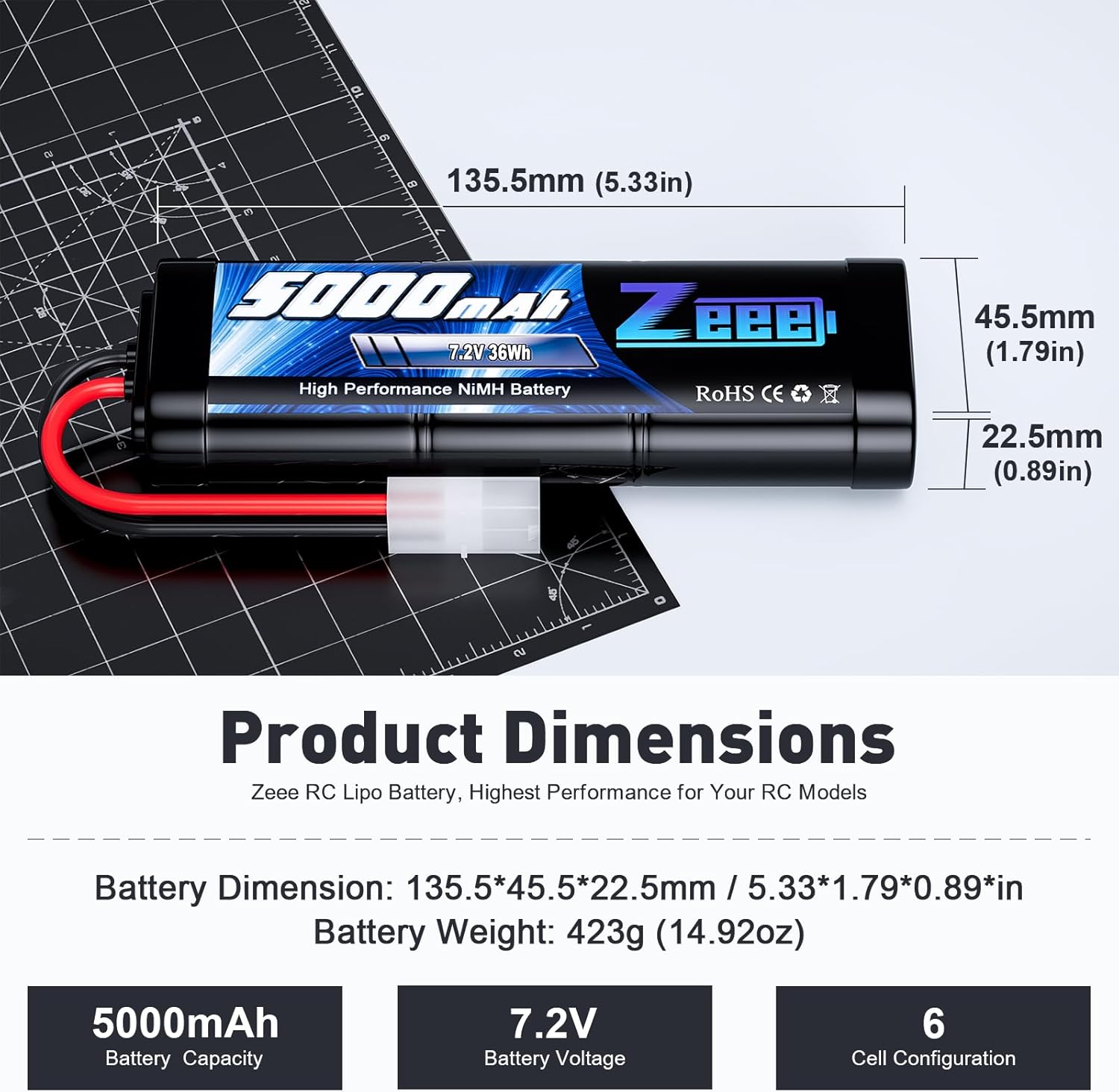 Zeee 2x Batteria NiMH RC 7.2V 5000mAh con TAMIYA Plug - immagine 2