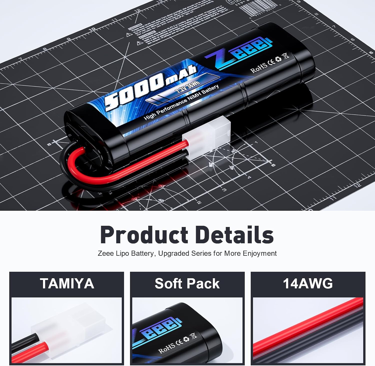 Zeee 2x Batteria NiMH RC 7.2V 5000mAh con TAMIYA Plug - immagine 3