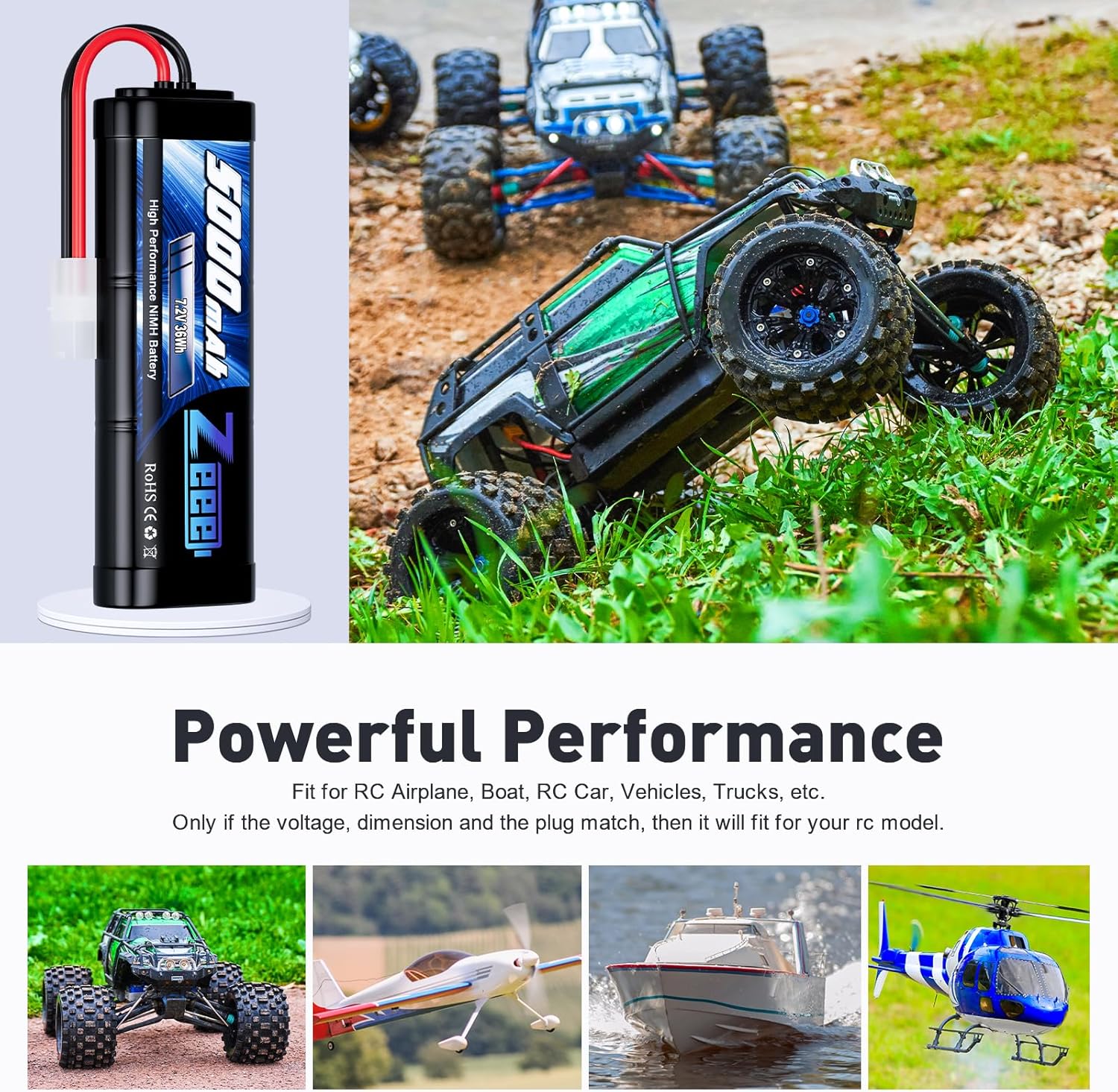 Zeee 2x Batteria NiMH RC 7.2V 5000mAh con TAMIYA Plug - immagine 5