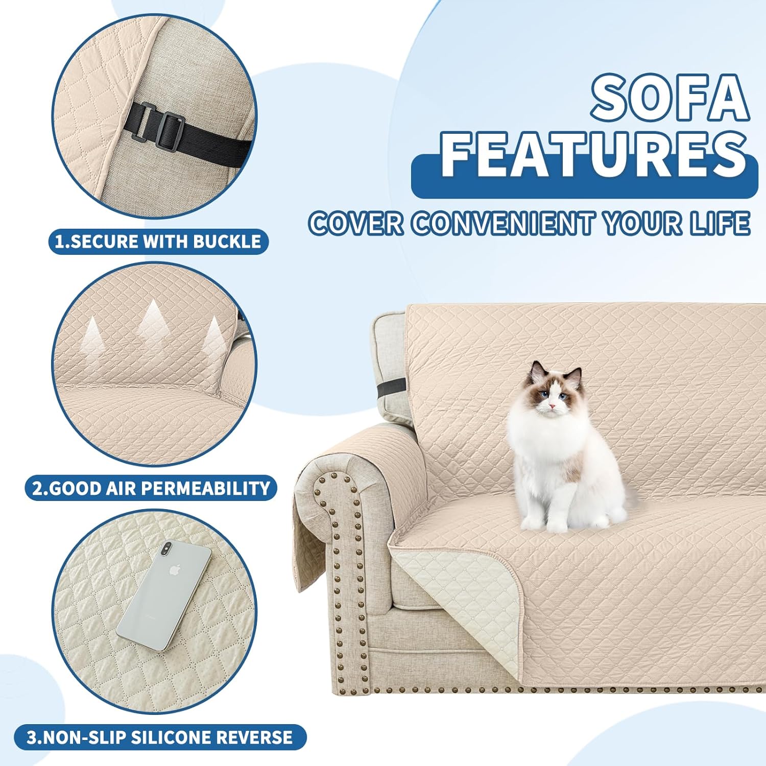 Copridivano Impermeabile 3 Posti Trapuntato, Beige - immagine 5