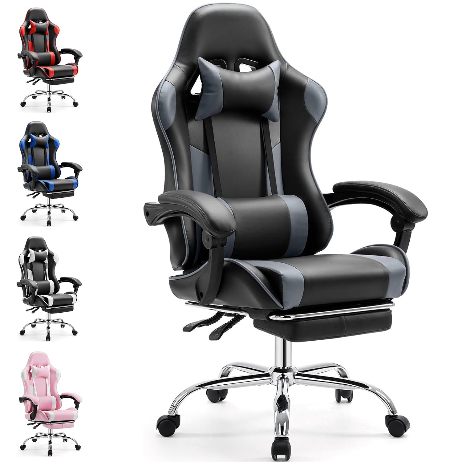 DUMOS Sedia da gioco ergonomica con poggiapiedi, PC traspirante, con cuscino lombare regolabile, cuscino e braccioli, portata 150 kg