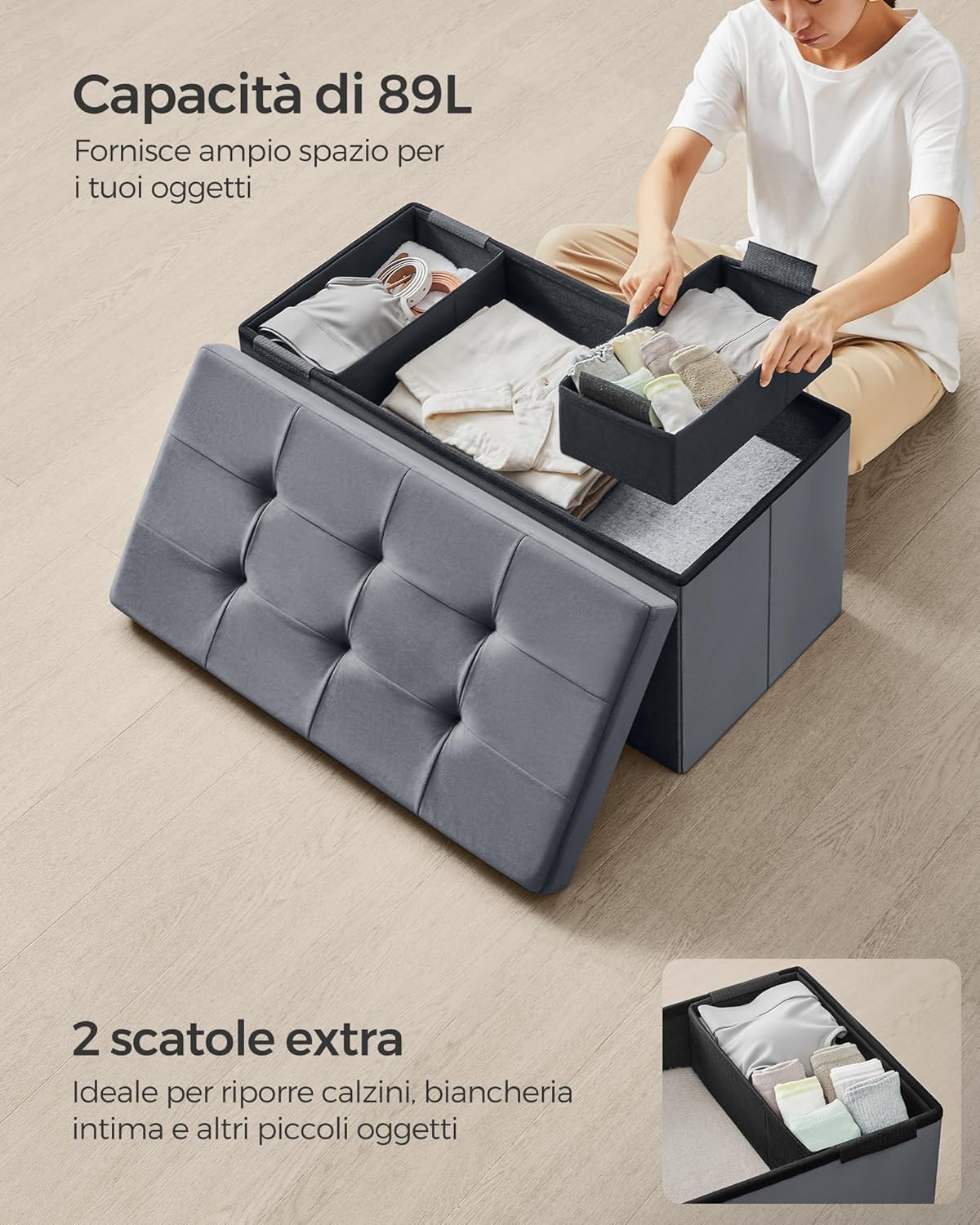 Songmics Pouf Pieghevole Velluto con 2 Contenitori - immagine 6