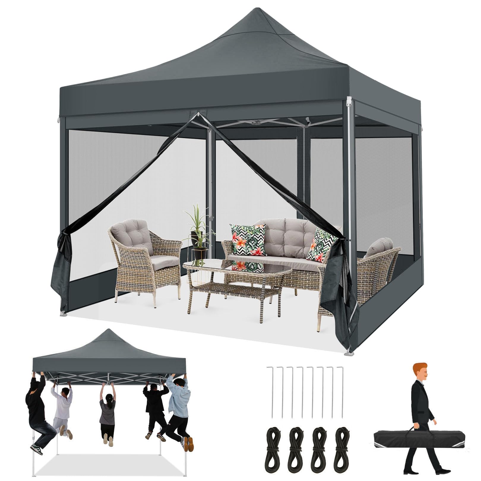 TOOLUCK Gazebo 3x3M Pieghevole Impermeabile con Zanzariera, Grigio