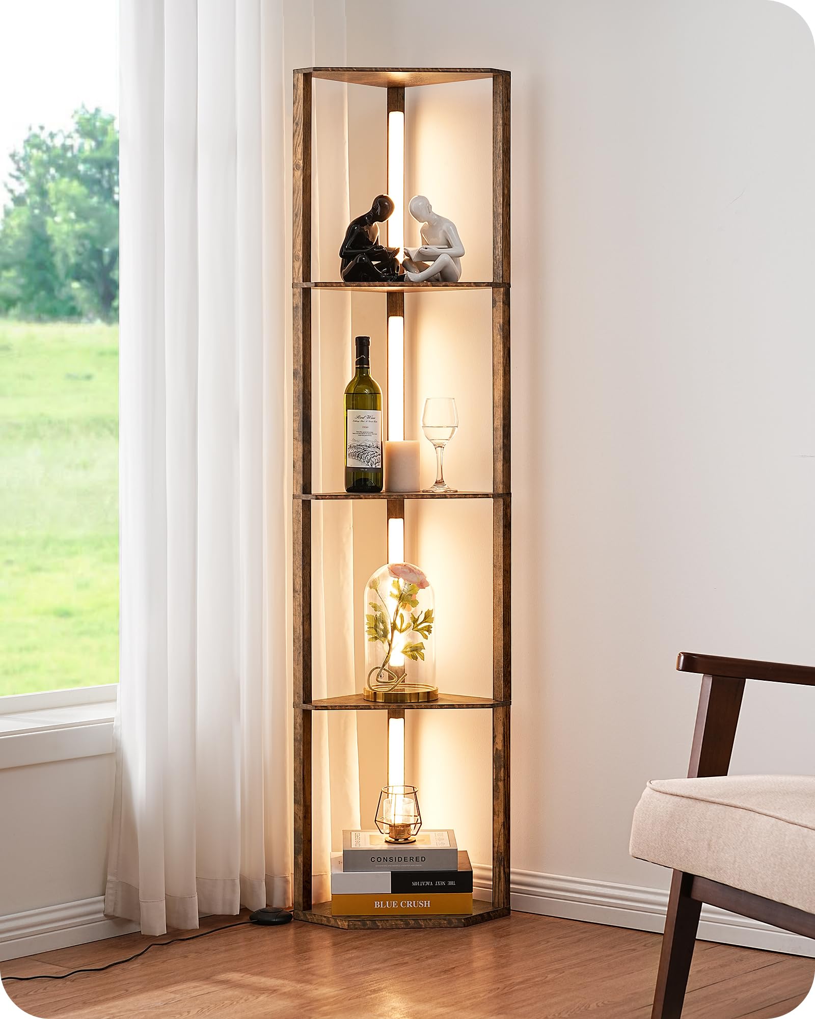 EDISHINE Lampada da Terra con Ripiani, Noce Medio