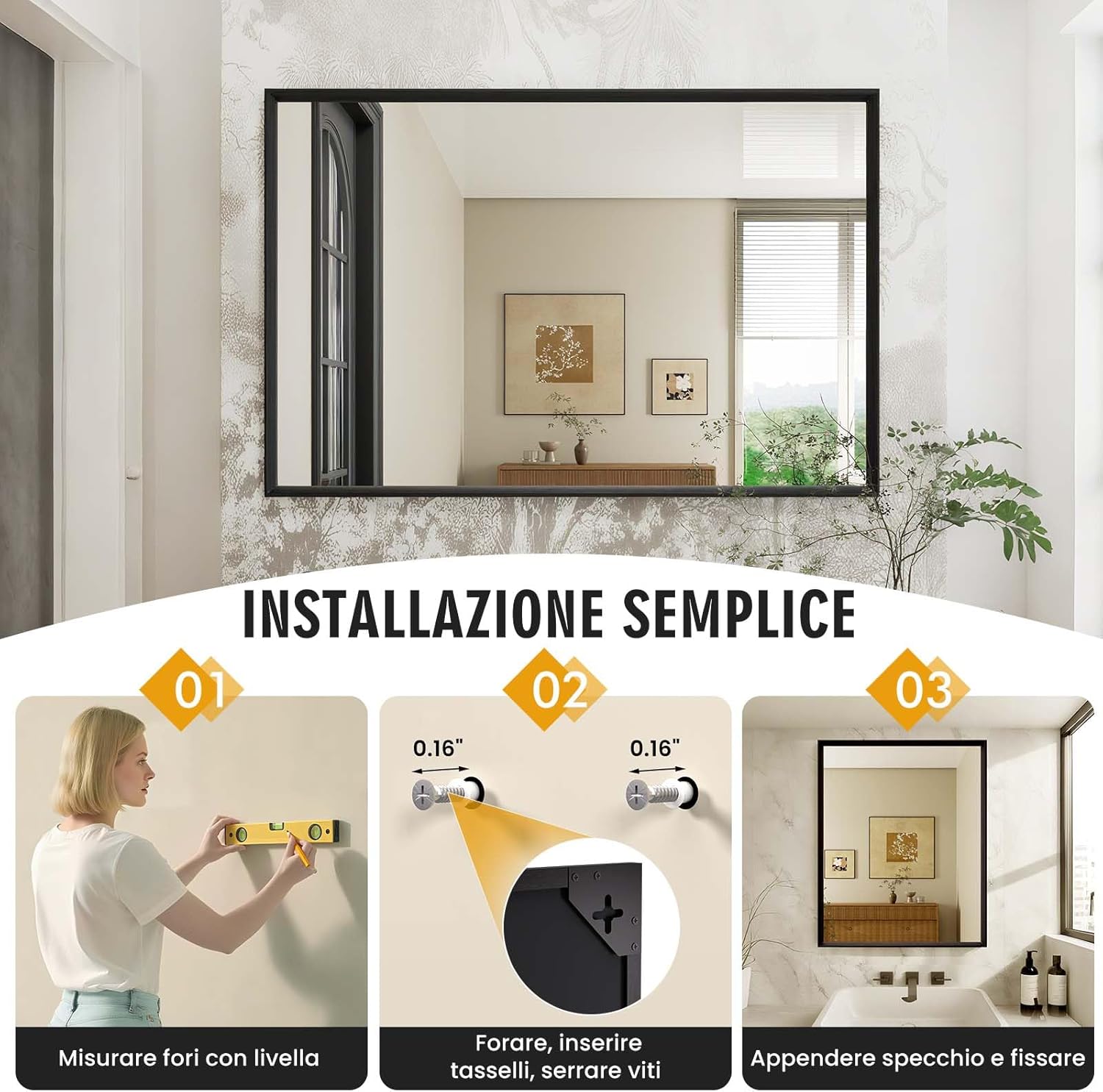 Weer Specchio da Bagno Rettangolare 60x90cm, Nero - immagine 7