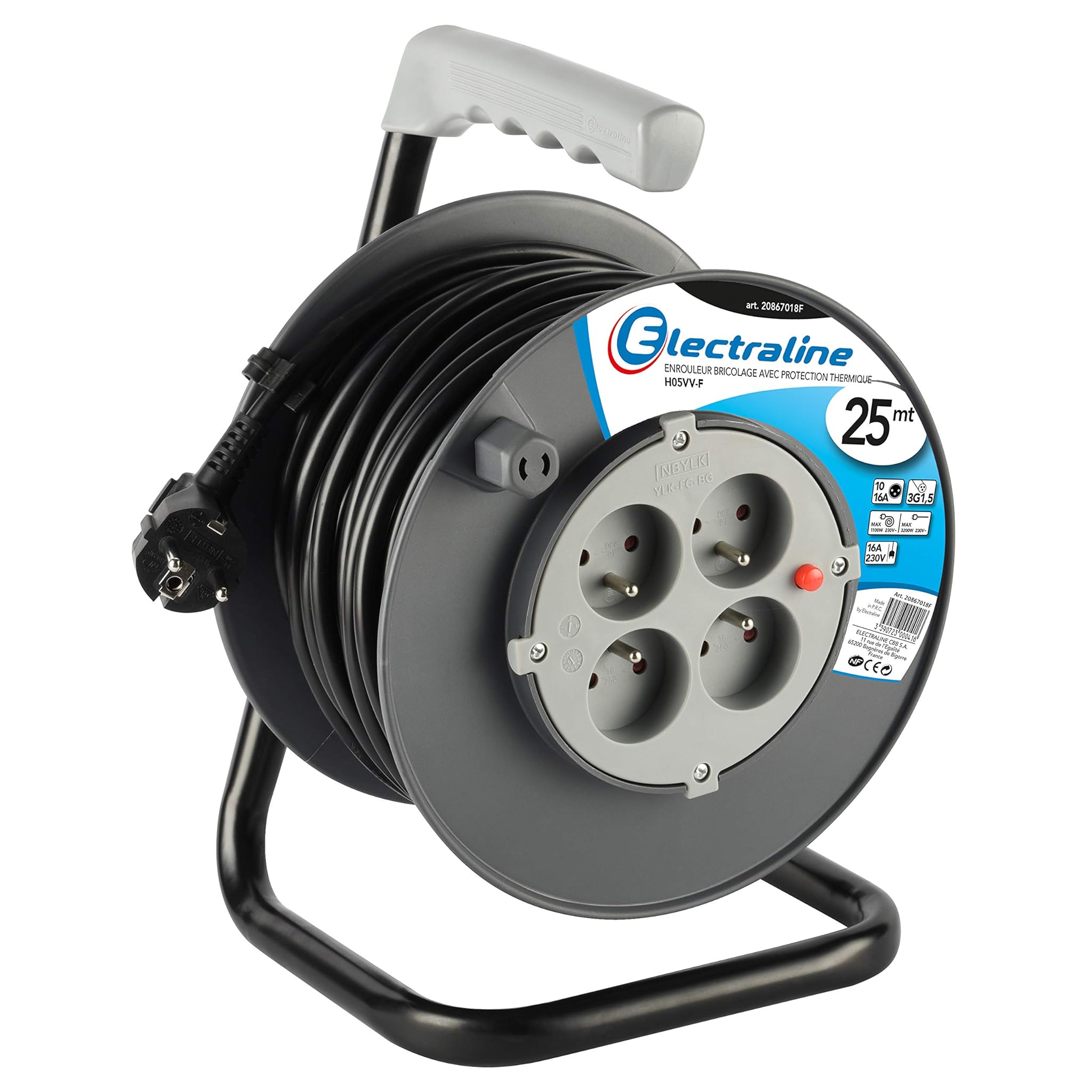 Electraline Prolunga Elettrica Avvolgitore 25m, Grigio