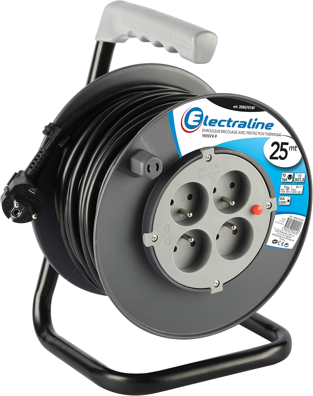 Electraline Prolunga Elettrica Avvolgitore 25m, Grigio - immagine 1