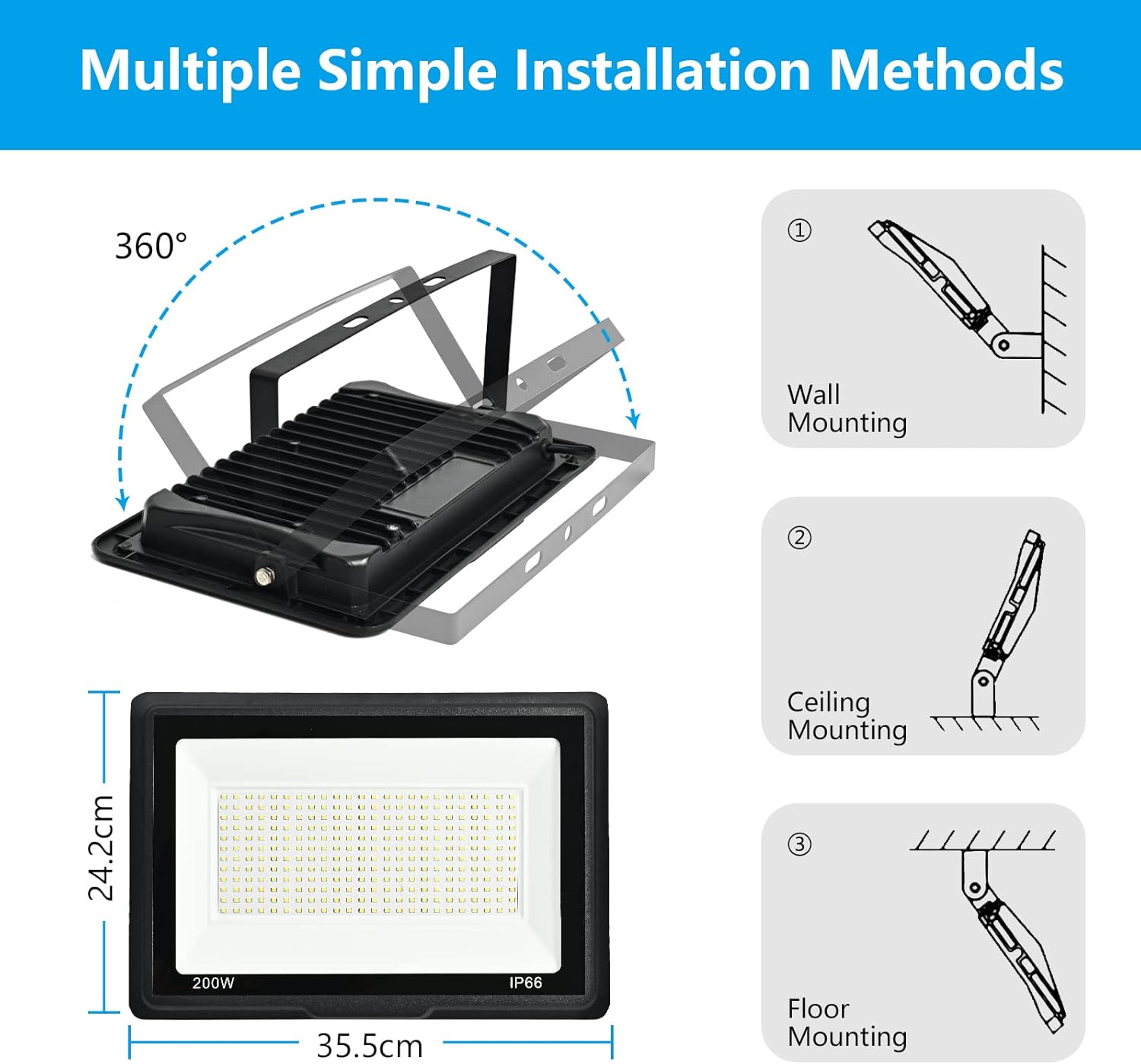 Toobettp Proiettore LED Esterni 200W 20000lm - immagine 6
