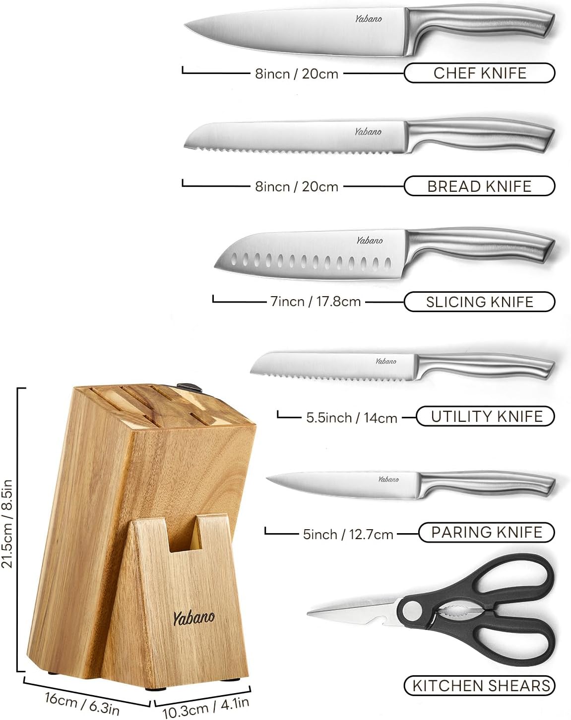 Set Coltelli da Cucina con Ceppo 7 Pezzi, Acciaio Inox - immagine 2