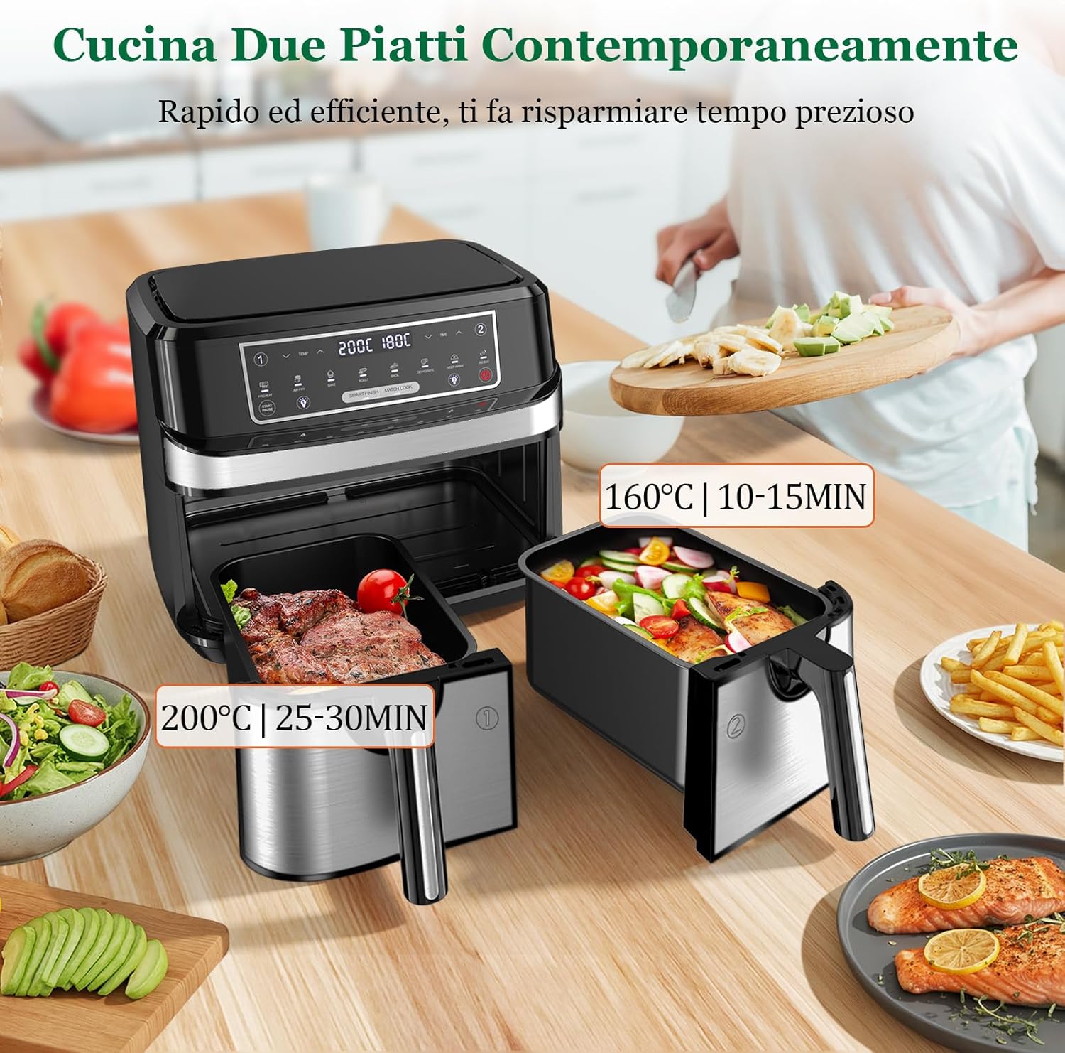 Friggitrice Ad Aria 9L Doppio Cestello 2x4,5L, 2600W - immagine 2