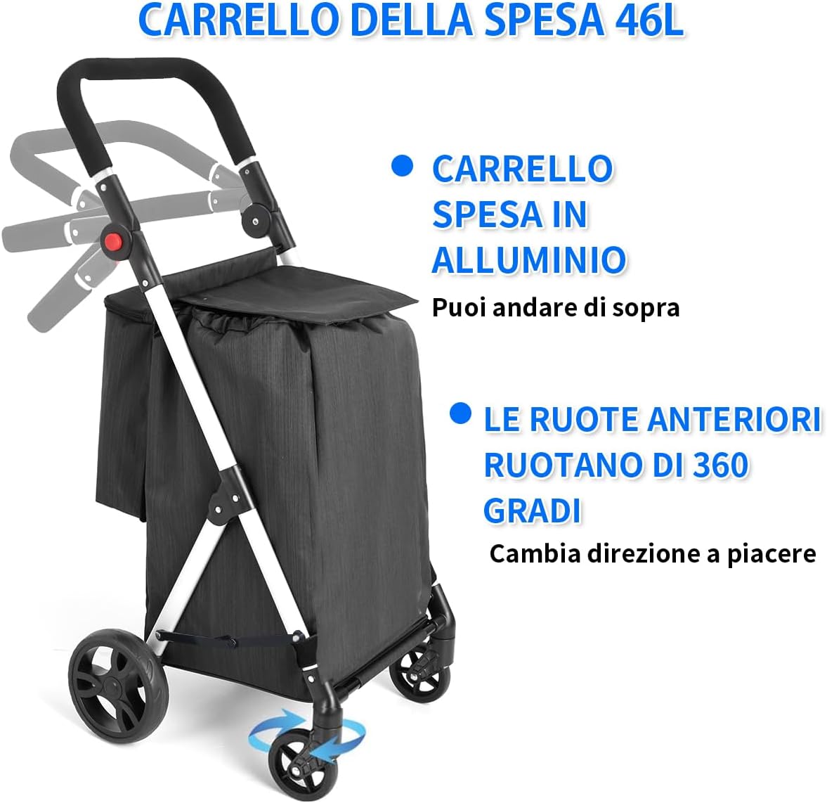 Leuya Abc Carrello della Spesa 4 Ruote 46L, Nero - immagine 2