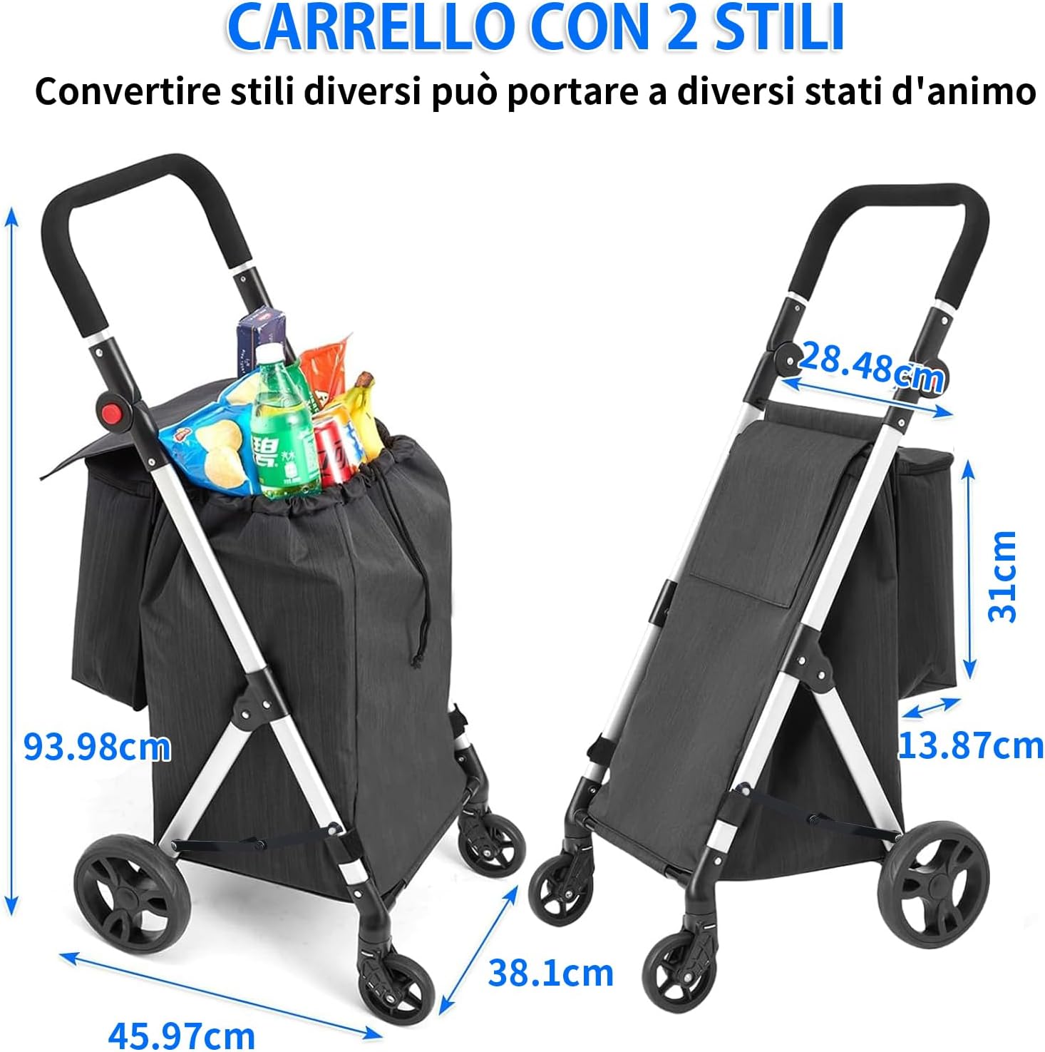 Leuya Abc Carrello della Spesa 4 Ruote 46L, Nero - immagine 5