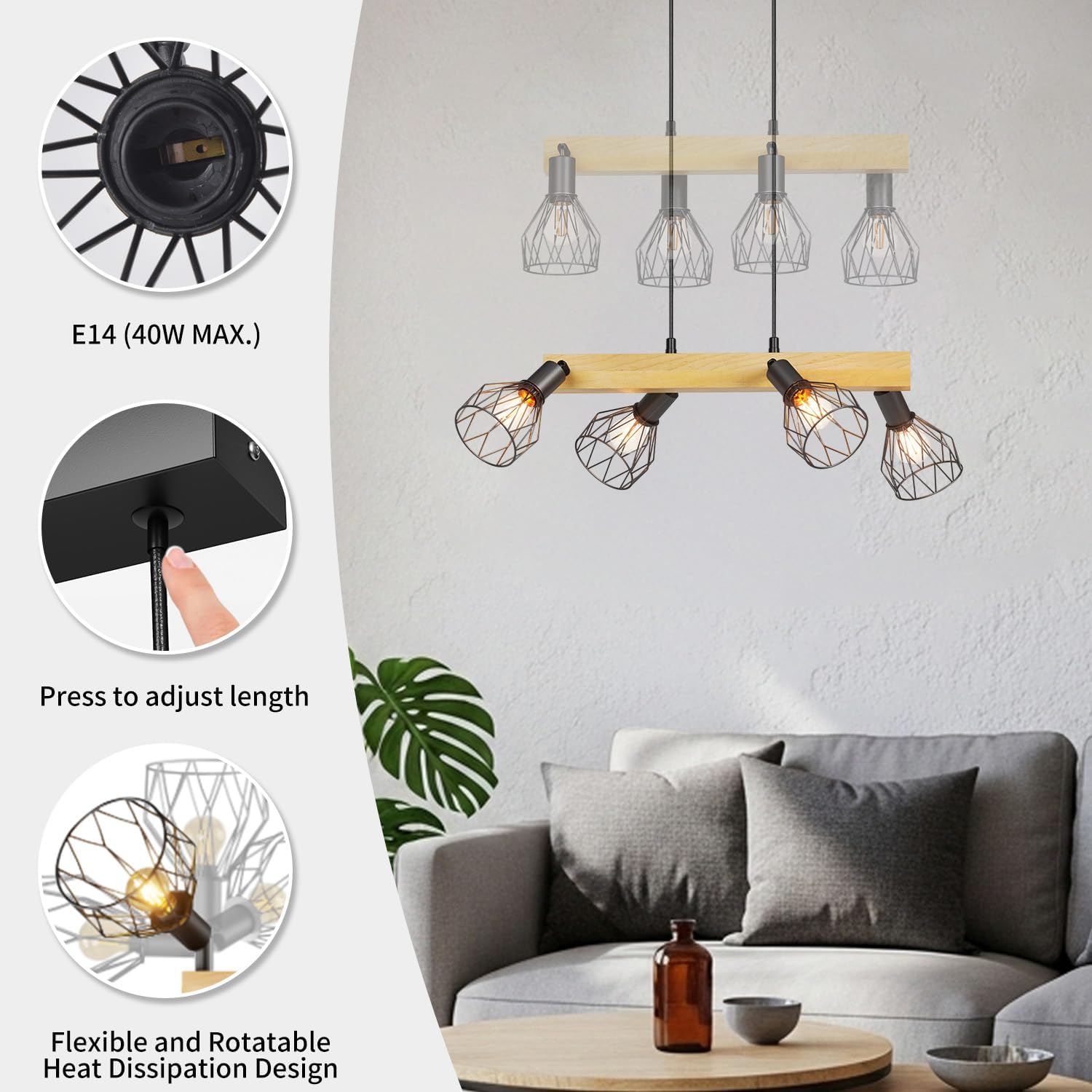 Lvwit Lampadario da Cucina Nero Vintage 4 Luci - immagine 5