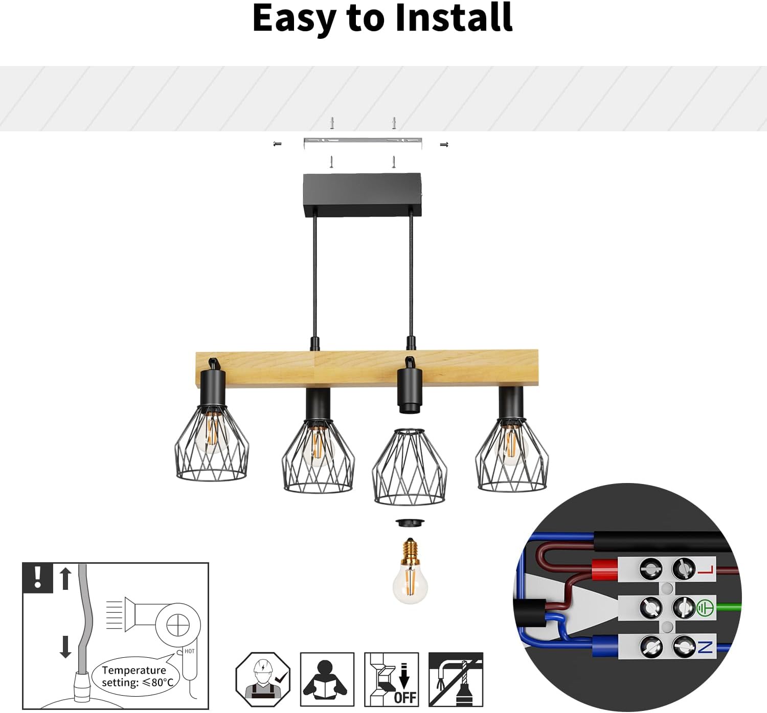 Lvwit Lampadario da Cucina Nero Vintage 4 Luci - immagine 6