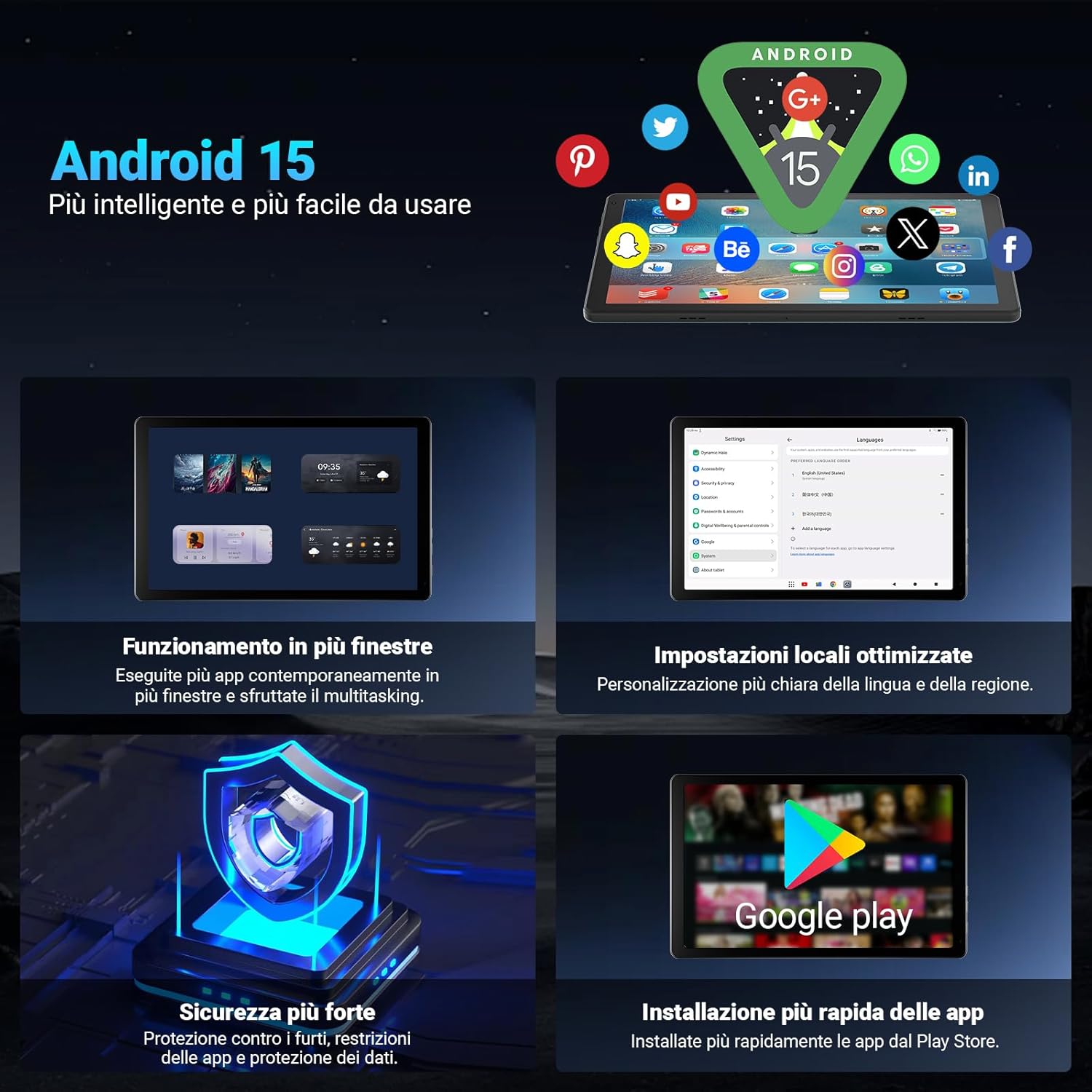 Tablet 10.1 pollici Android 15, 16GB RAM, Nero - immagine 2