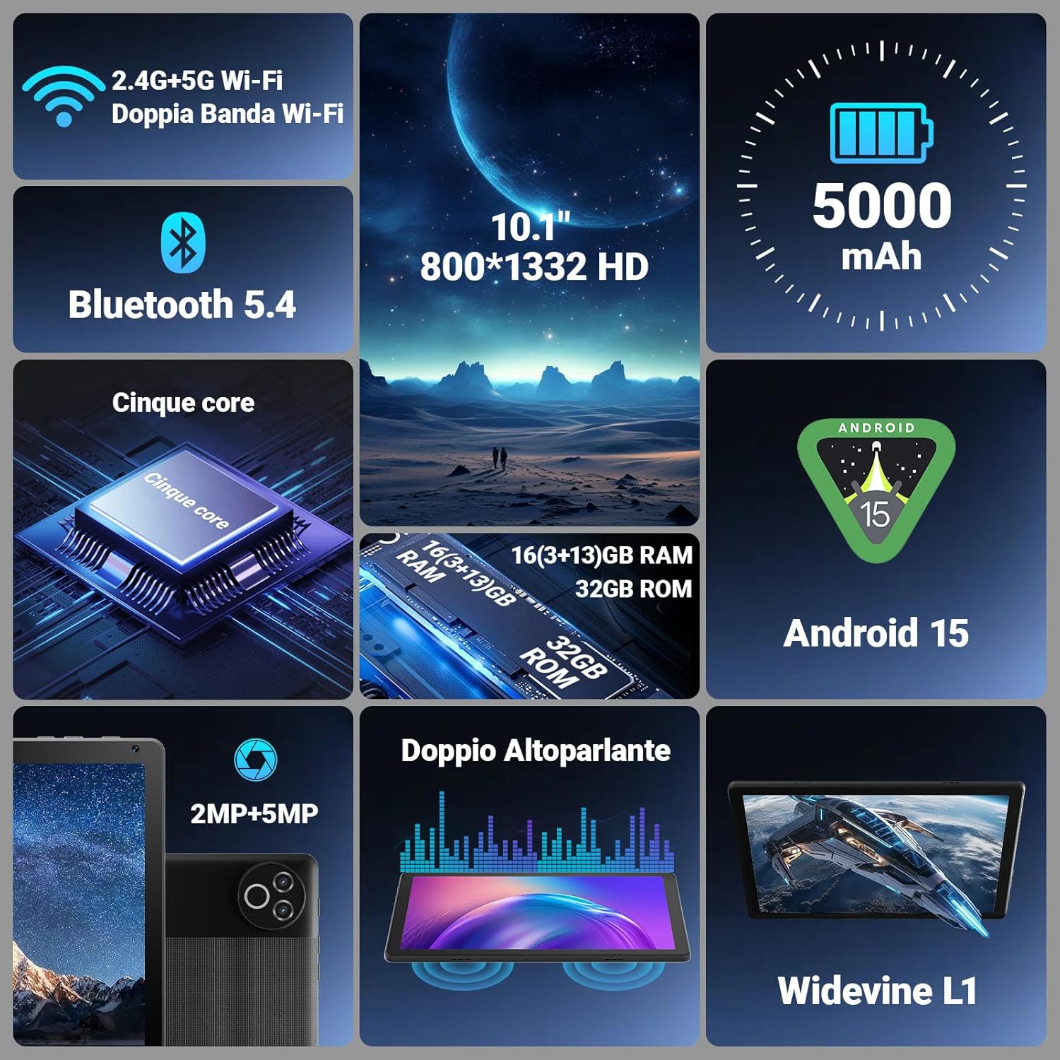 Tablet 10.1 pollici Android 15, 16GB RAM, Nero - immagine 3