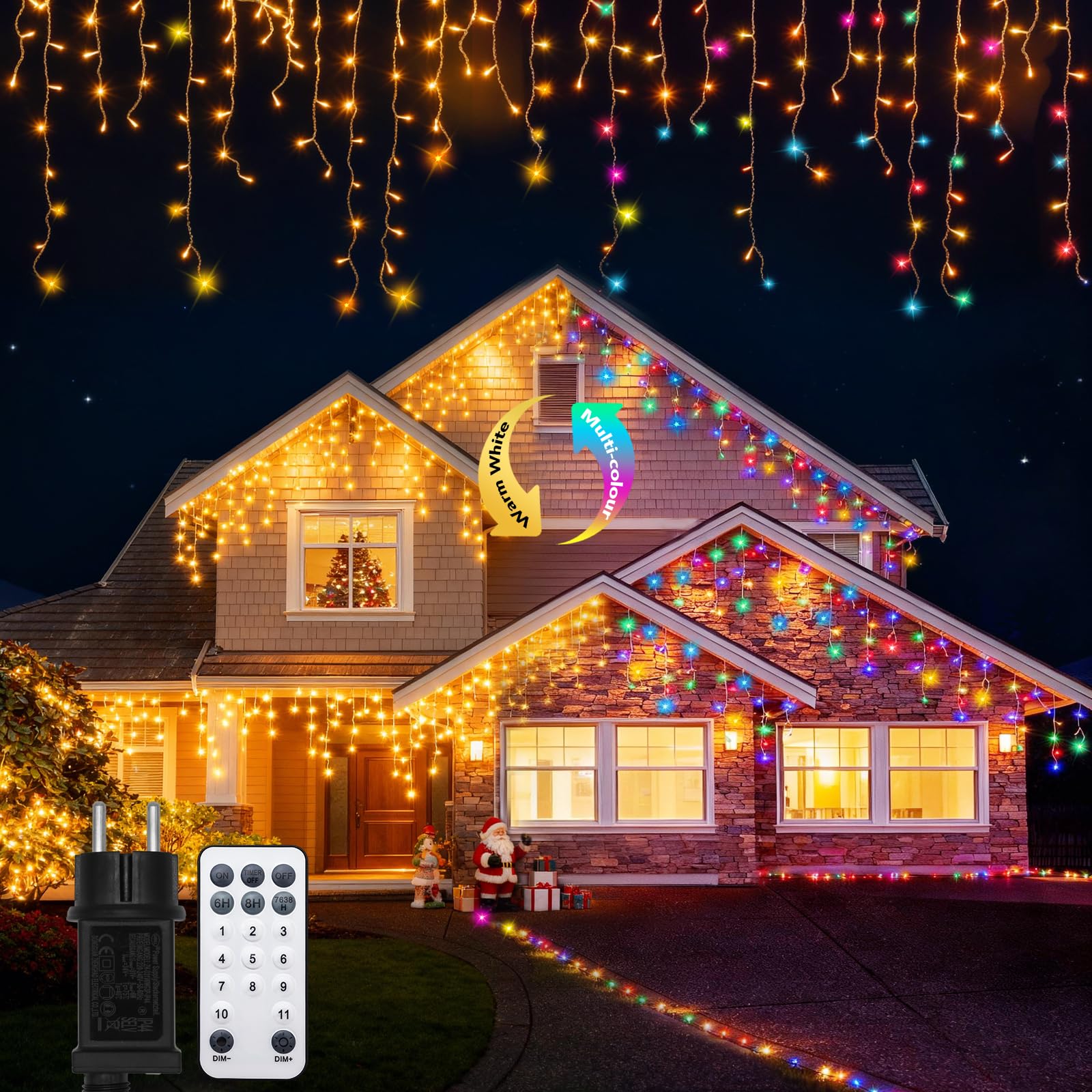 Luci di Natale a Cascata 10m 400 LED, Bianco Caldo e Colorate