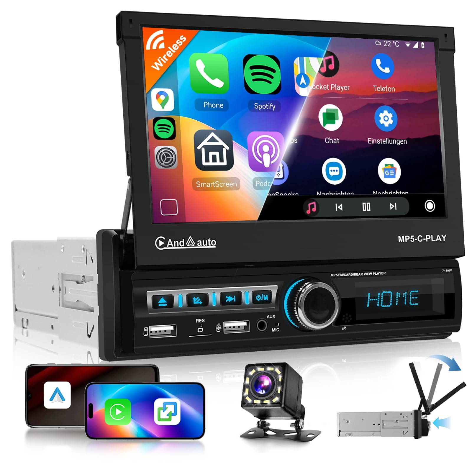 Autoradio 1 DIN CarPlay Android Auto Wireless 7"