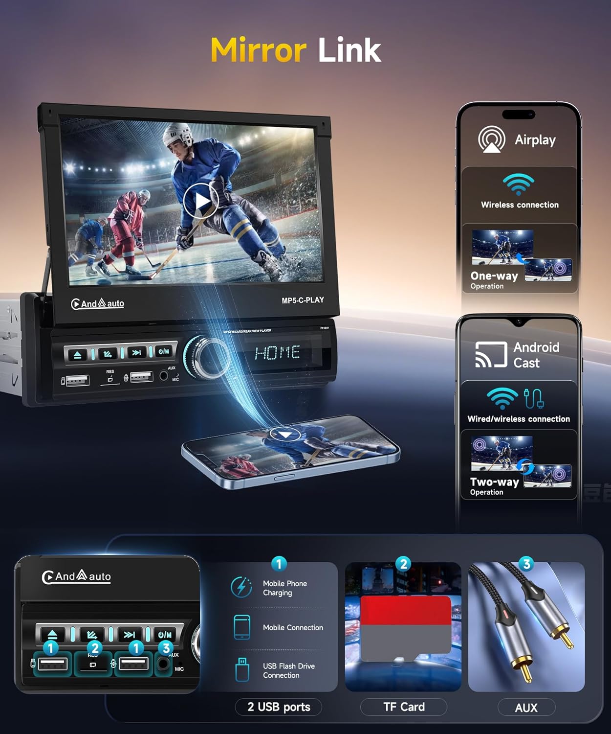 Autoradio 1 DIN CarPlay Android Auto Wireless 7" - immagine 3