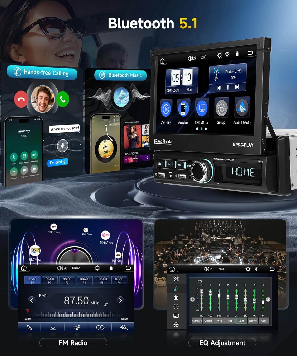 Autoradio 1 DIN CarPlay Android Auto Wireless 7" - immagine 6