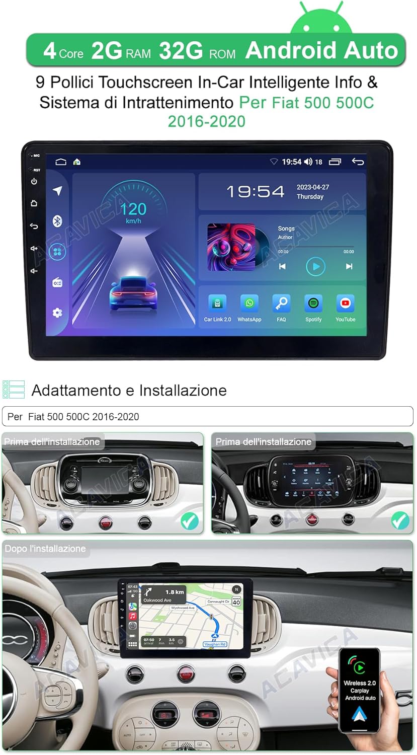 Acavica Autoradio Android 12 per Fiat 500 500C 2016-2020 - immagine 2