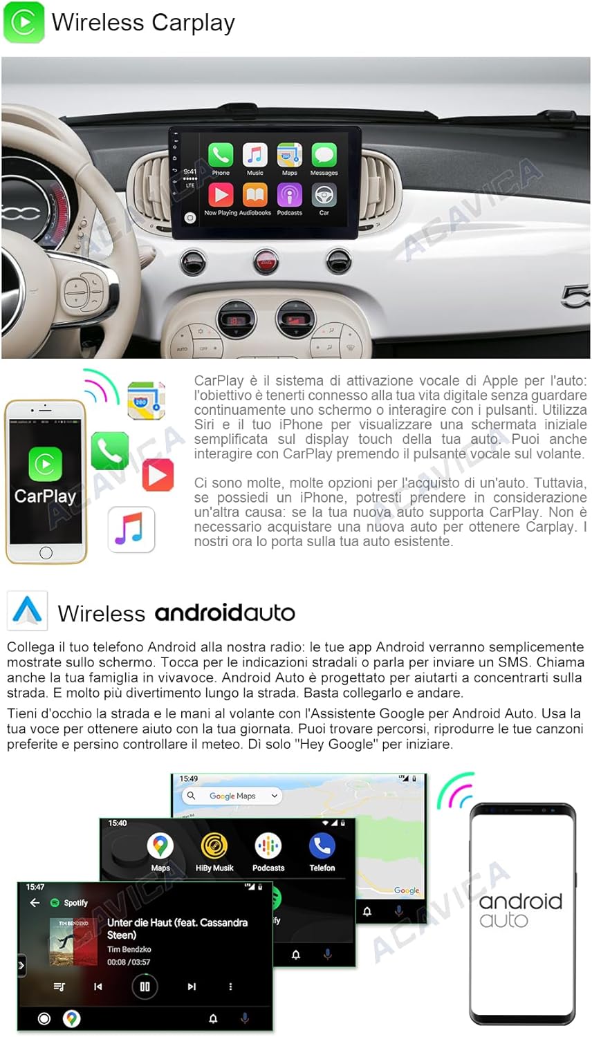Acavica Autoradio Android 12 per Fiat 500 500C 2016-2020 - immagine 3