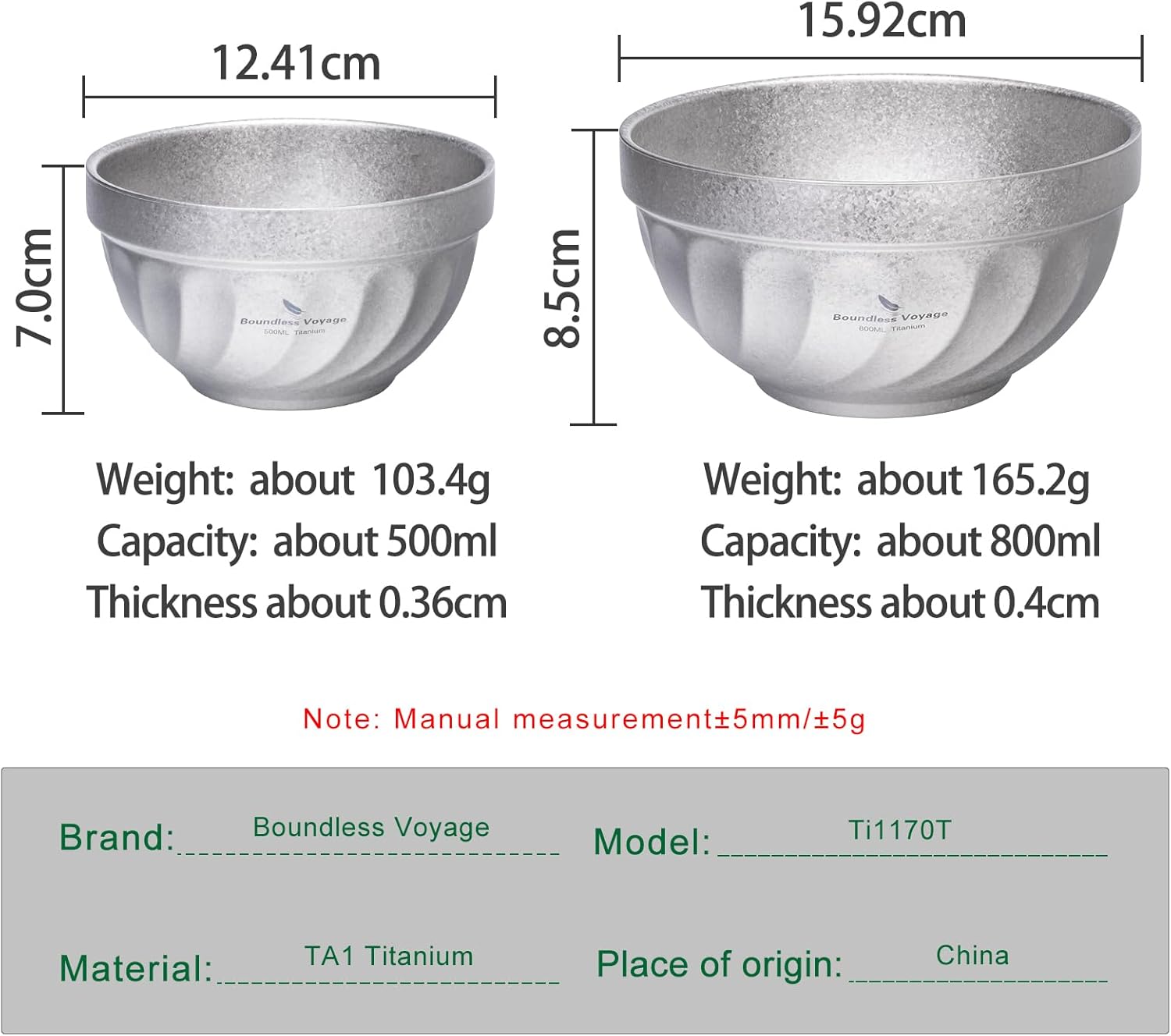 Ibasingo Ciotole in Titanio Doppia Parete 500ml e 800ml - immagine 2