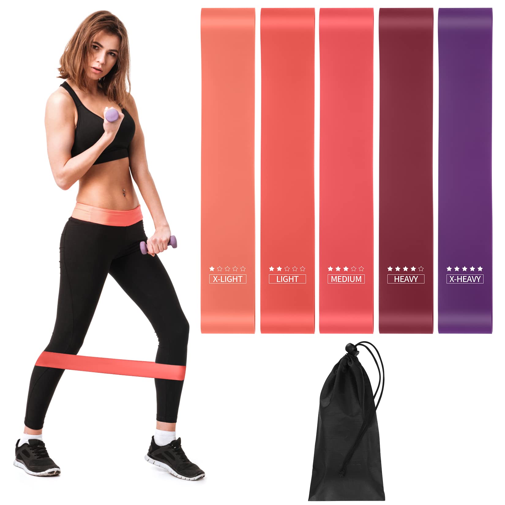 Bande Elastiche Fitness, 5 Pezzi Elastici Fitness Bande, Banda Elastica Fasce Elastiche 5 Livelli Resistenza, per Yoga, Pilates, Bodybuilding, Stretching, Allenamento di Forza
