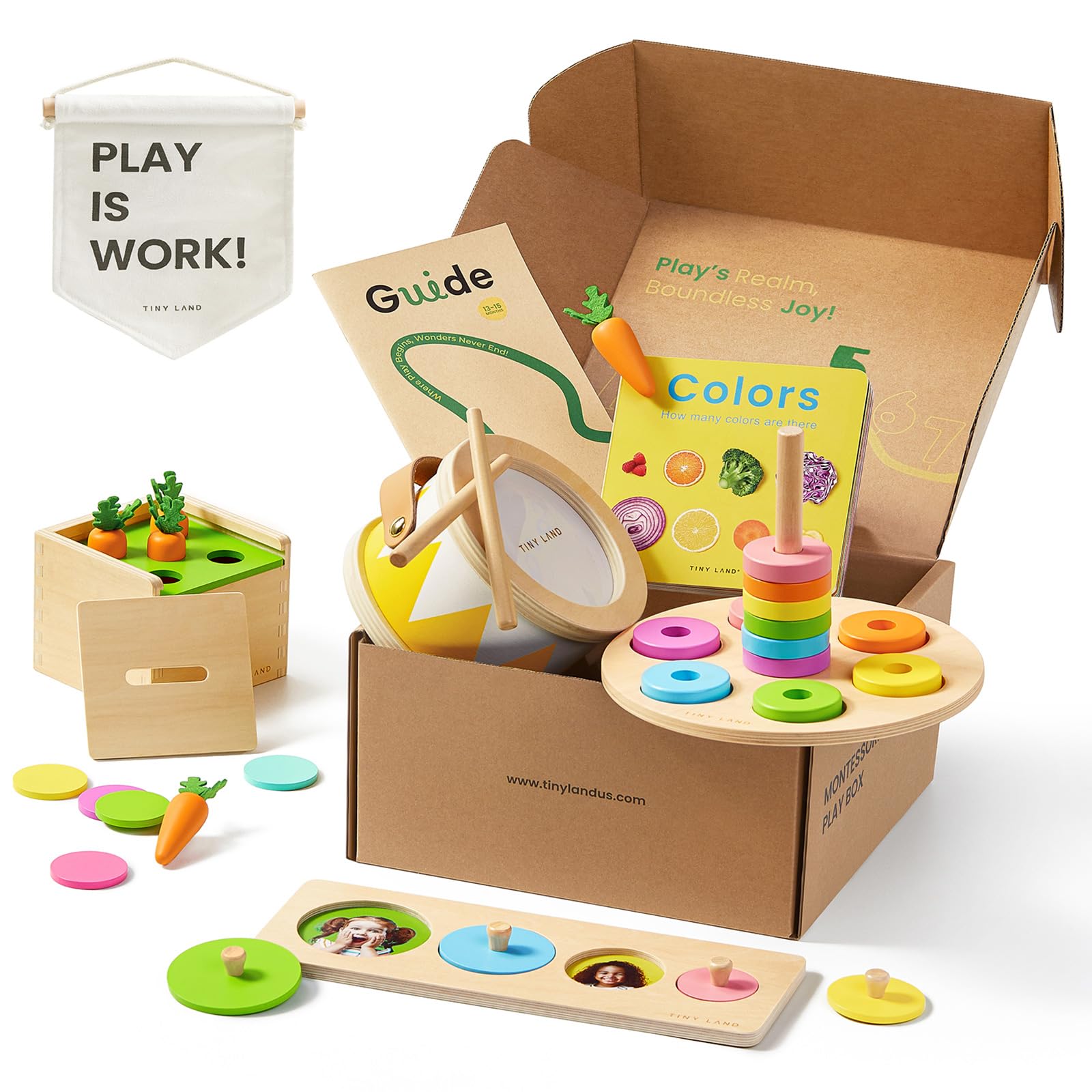 Tiny Land Set Giocattoli Montessori per Bimbi 13-15 Mesi - Tamburo Bimbi, Gioco Carote, Piatto Impilabile Accoppiamento Colore, Puzzle Accoppiamento Taglia, Libro Cartone Colorato