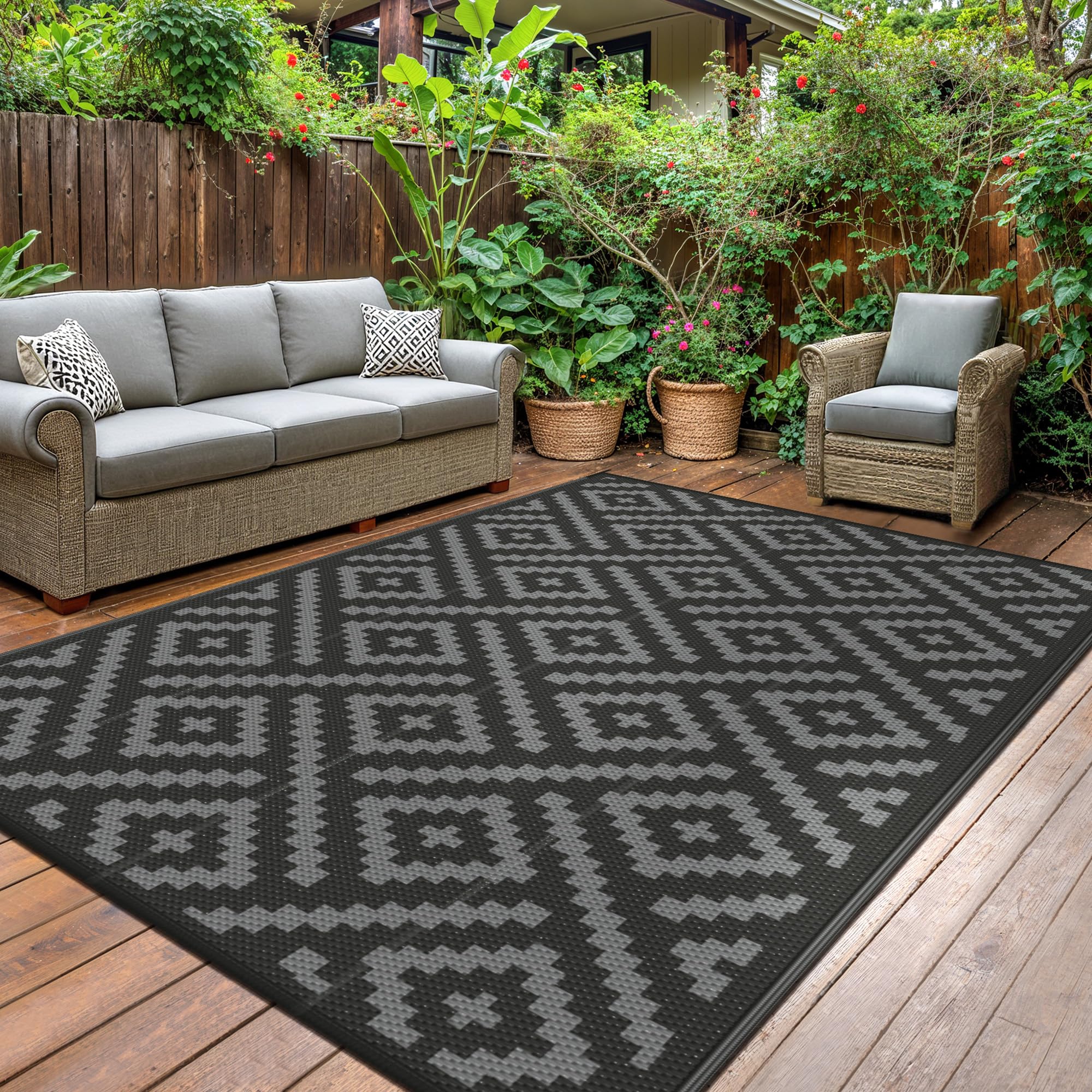 GENIMO Tappeto da Esterno,Tappeto Esterno Impermeabili Eeversibili Lavabili Plastica,Tappeto Per Esterno per Terrazze,Giardinoin,Camper,Picnic,Balcone,Nero-Grigio,240x300cm