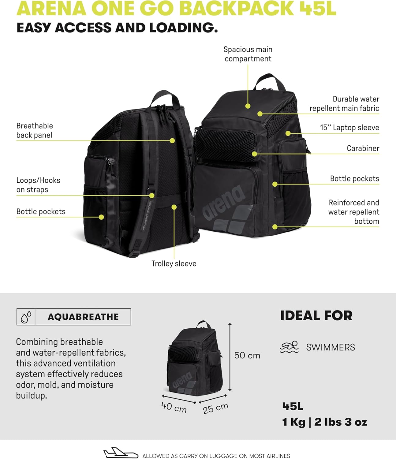 ARENA Zaino Sportivo da Viaggio One Go da 45L - immagine 3