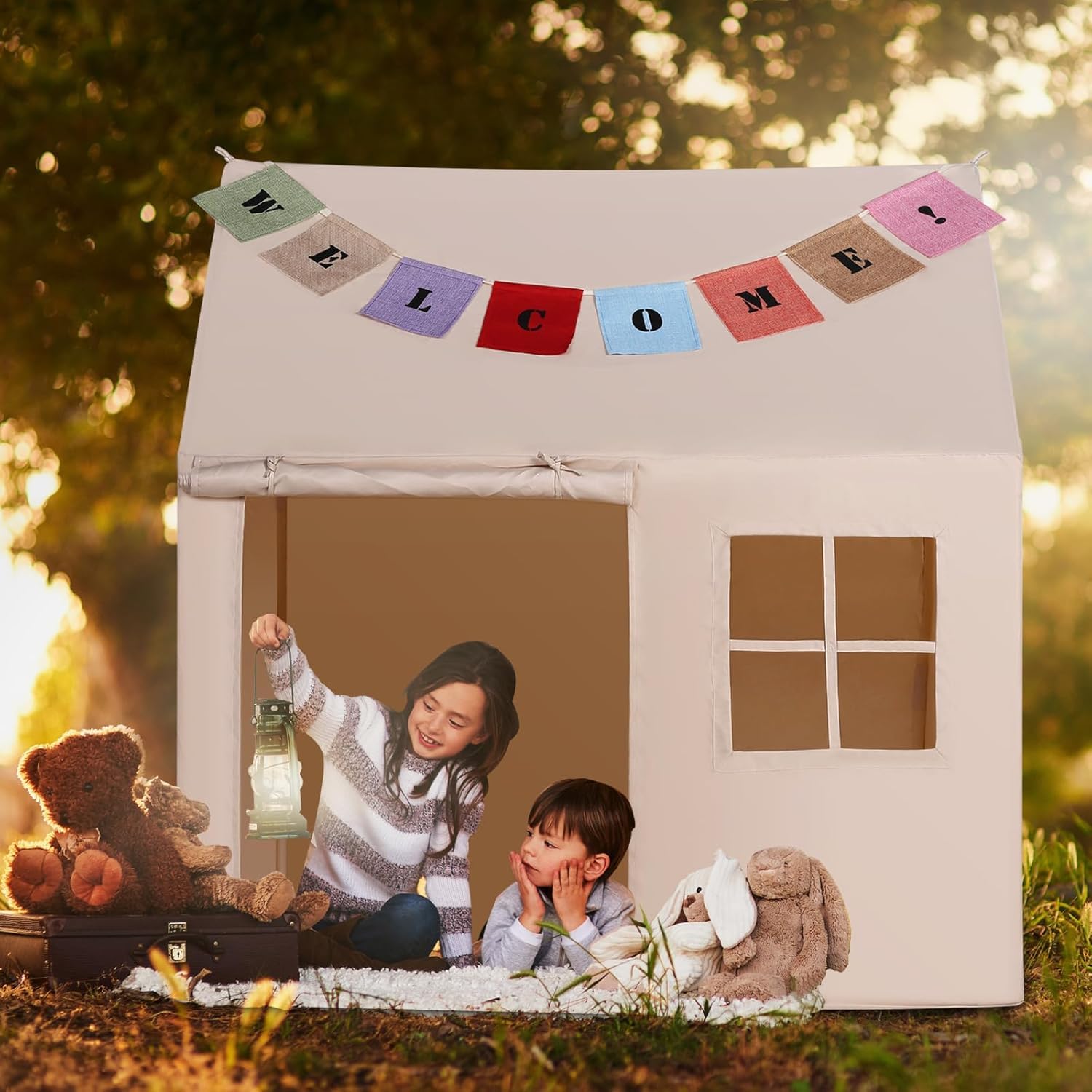 Goutime Tenda da Gioco per Bambini, Beige con Finestra