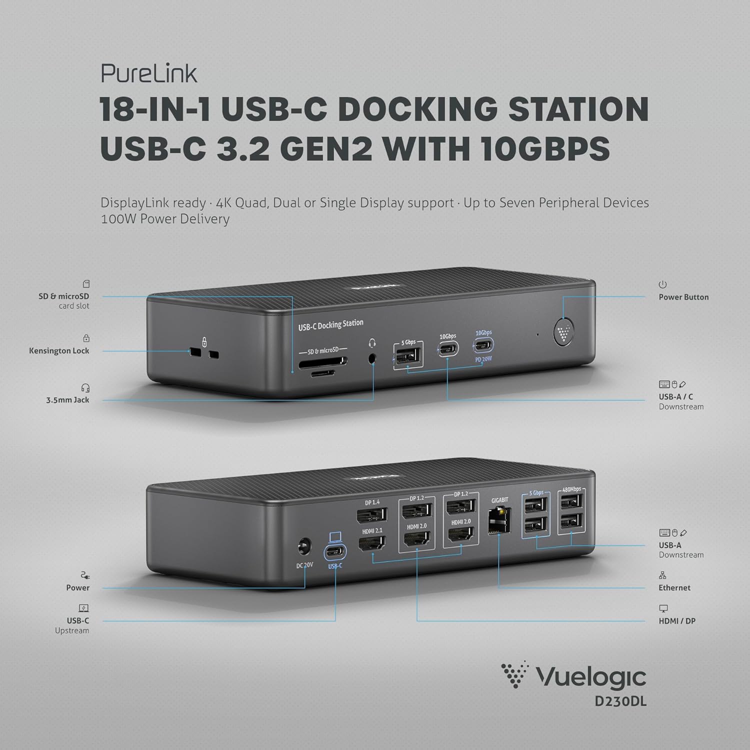 Purelink Vuelogic Docking Station USB C 18 in 1, Nero - immagine 5