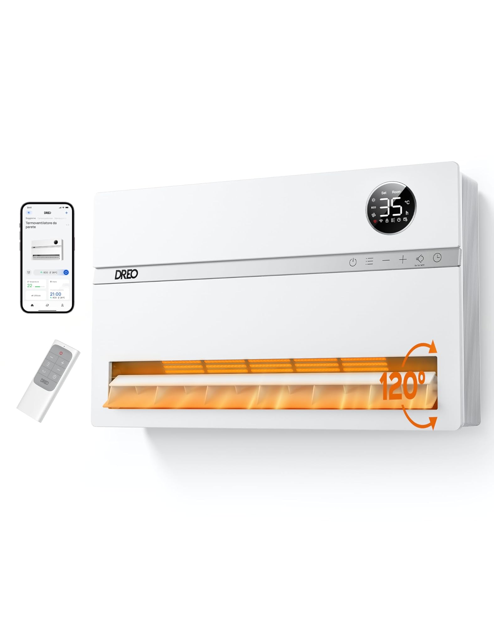 Dreo Radiateur mural intelligent, chauffage électrique pour chambre, oscillation verticale 120°, thermostat réglable, télécommande, minuterie 24h, installation facile, compatible Alexa, WH719S
