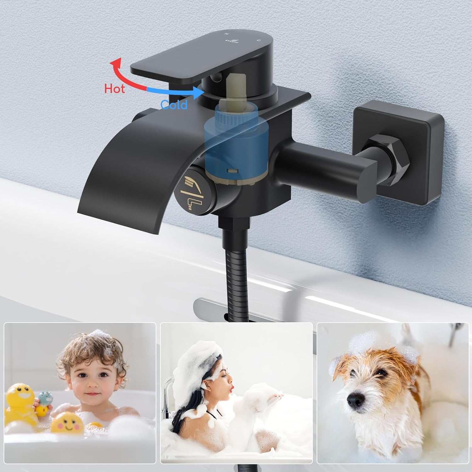 Kulaco Rubinetto Vasca da Bagno a Cascata, Nero - immagine 5