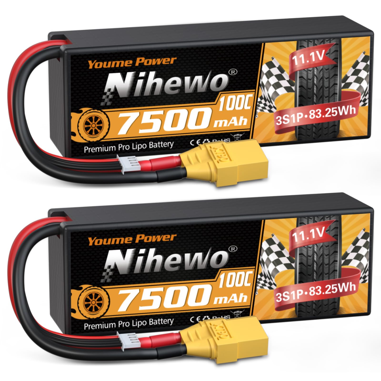 Nihewo Batteria Lipo 3S 11,1V 7500mAh 100C (2 pezzi)
