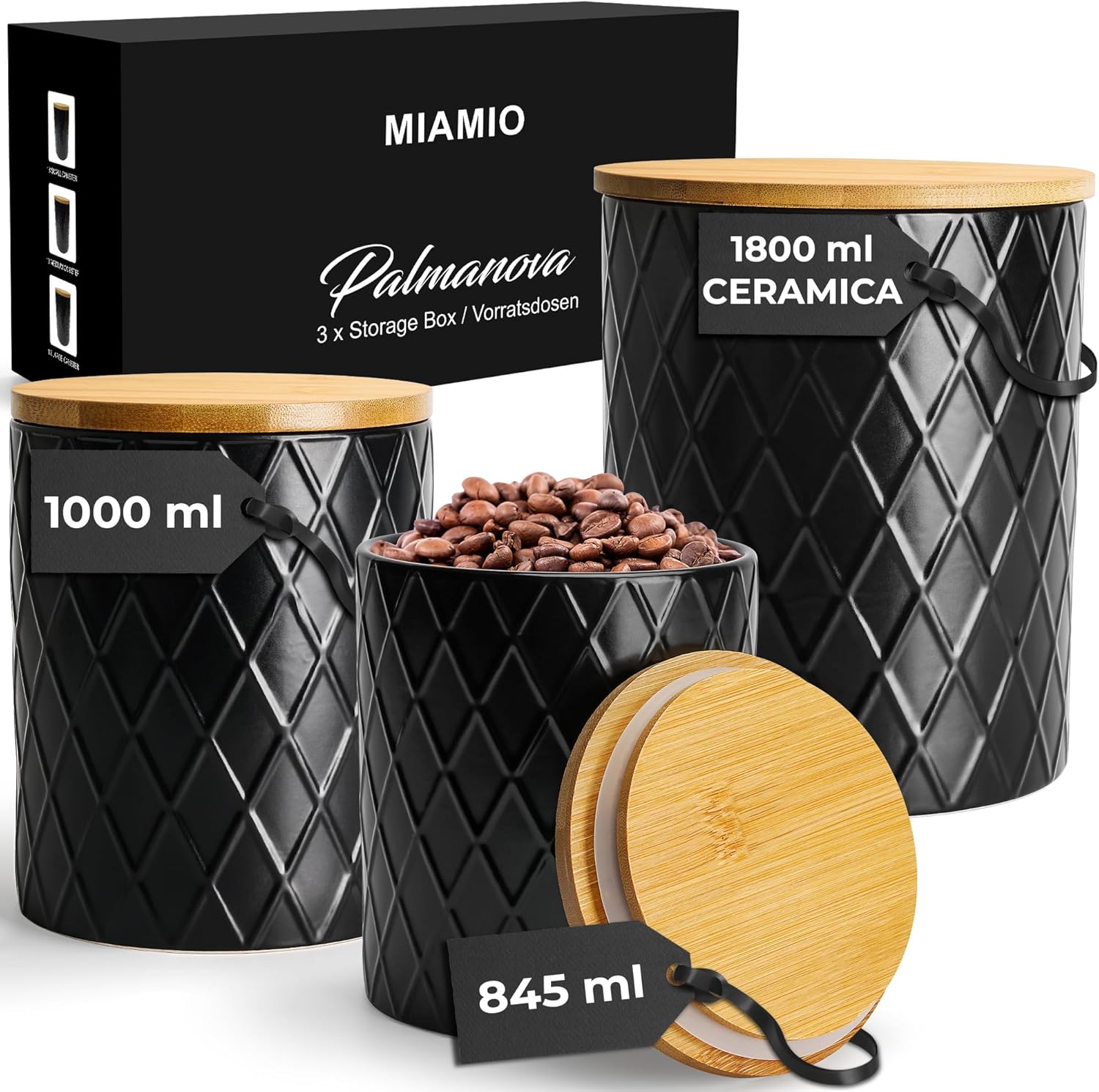 Miamio - Set 3 Barattoli Cucina in Ceramica, Nero