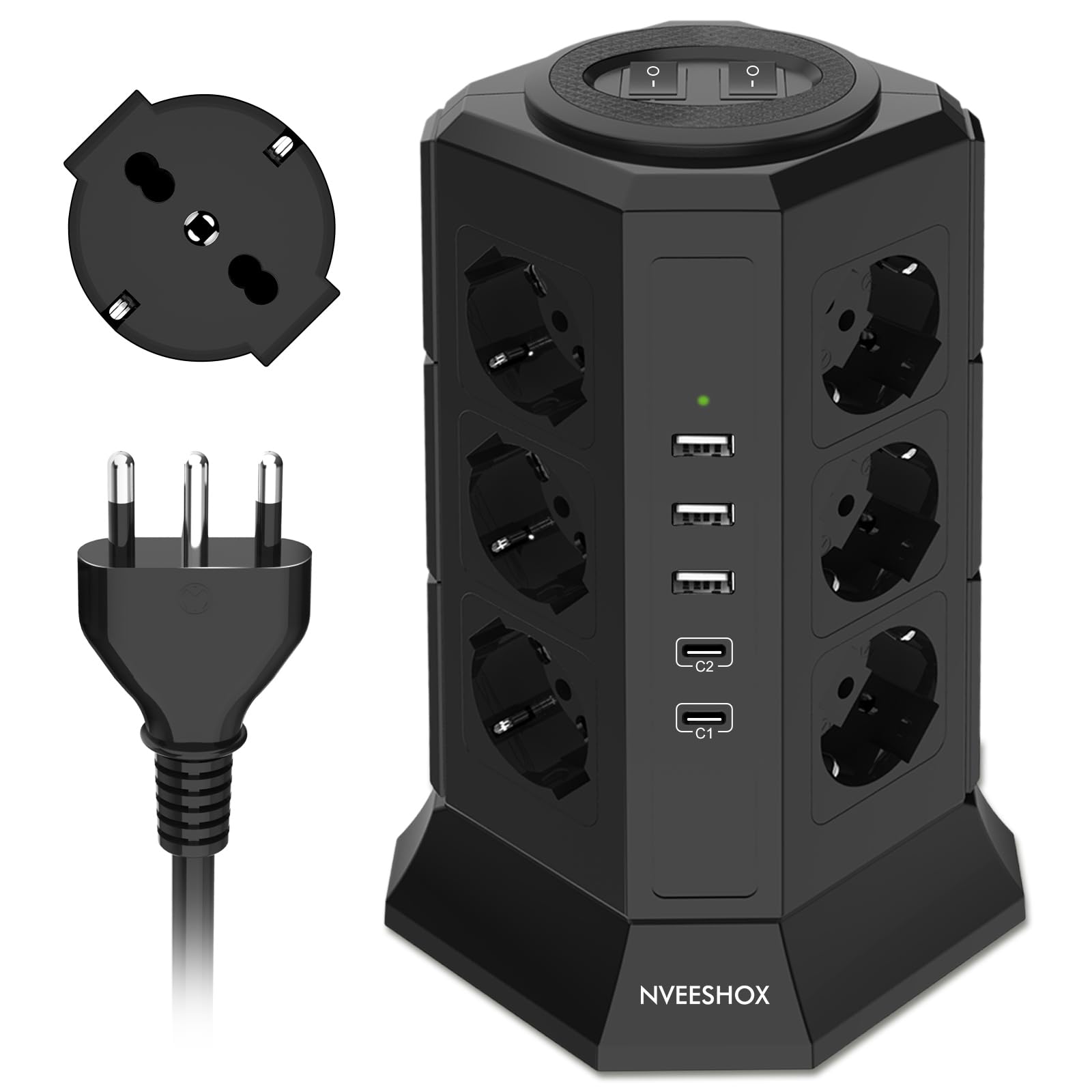 Nveeshox Multipresa Verticale 12 Schuko + 5 USB, Nera