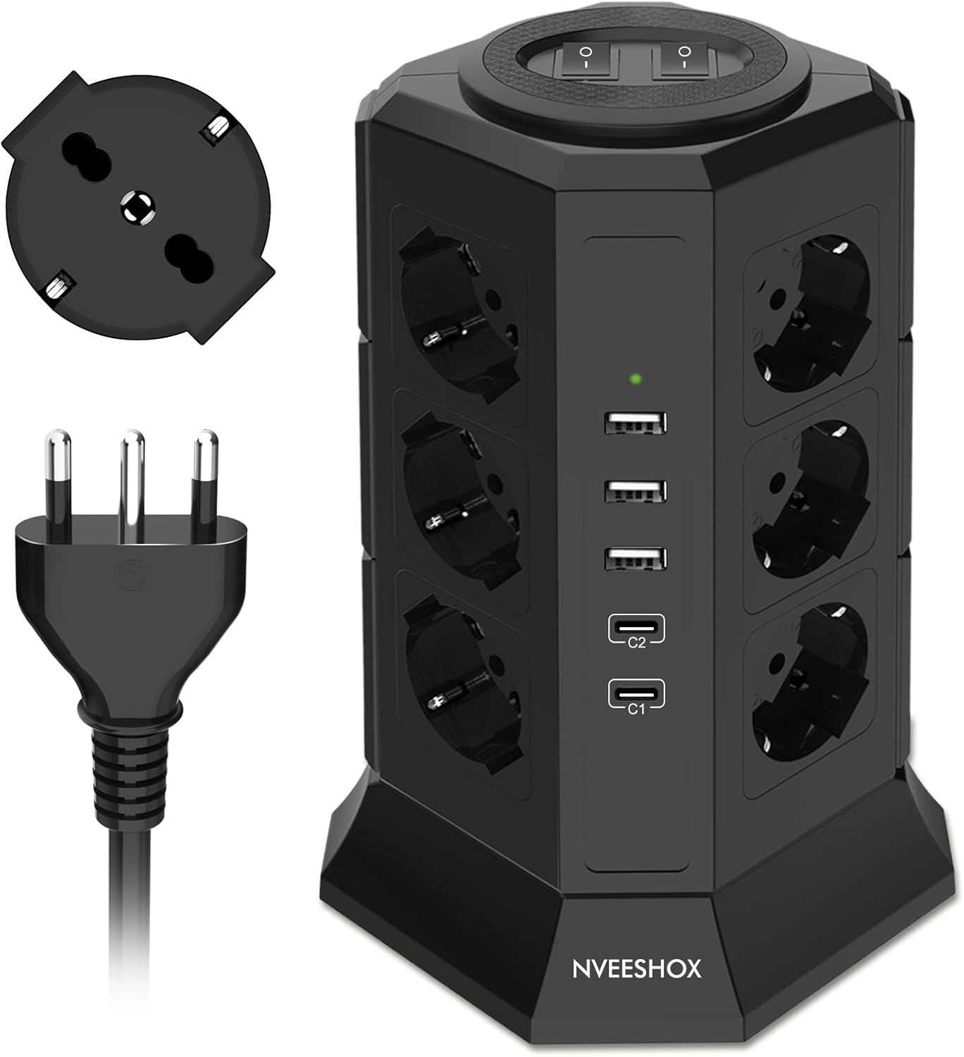 Nveeshox Multipresa Verticale 12 Schuko + 5 USB, Nera - immagine 1