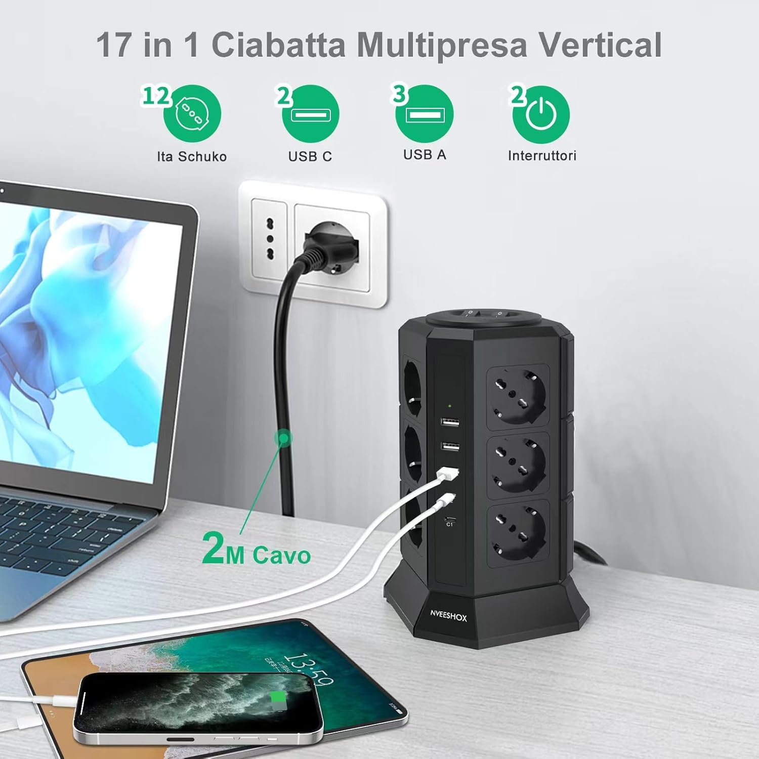 Nveeshox Multipresa Verticale 12 Schuko + 5 USB, Nera - immagine 2