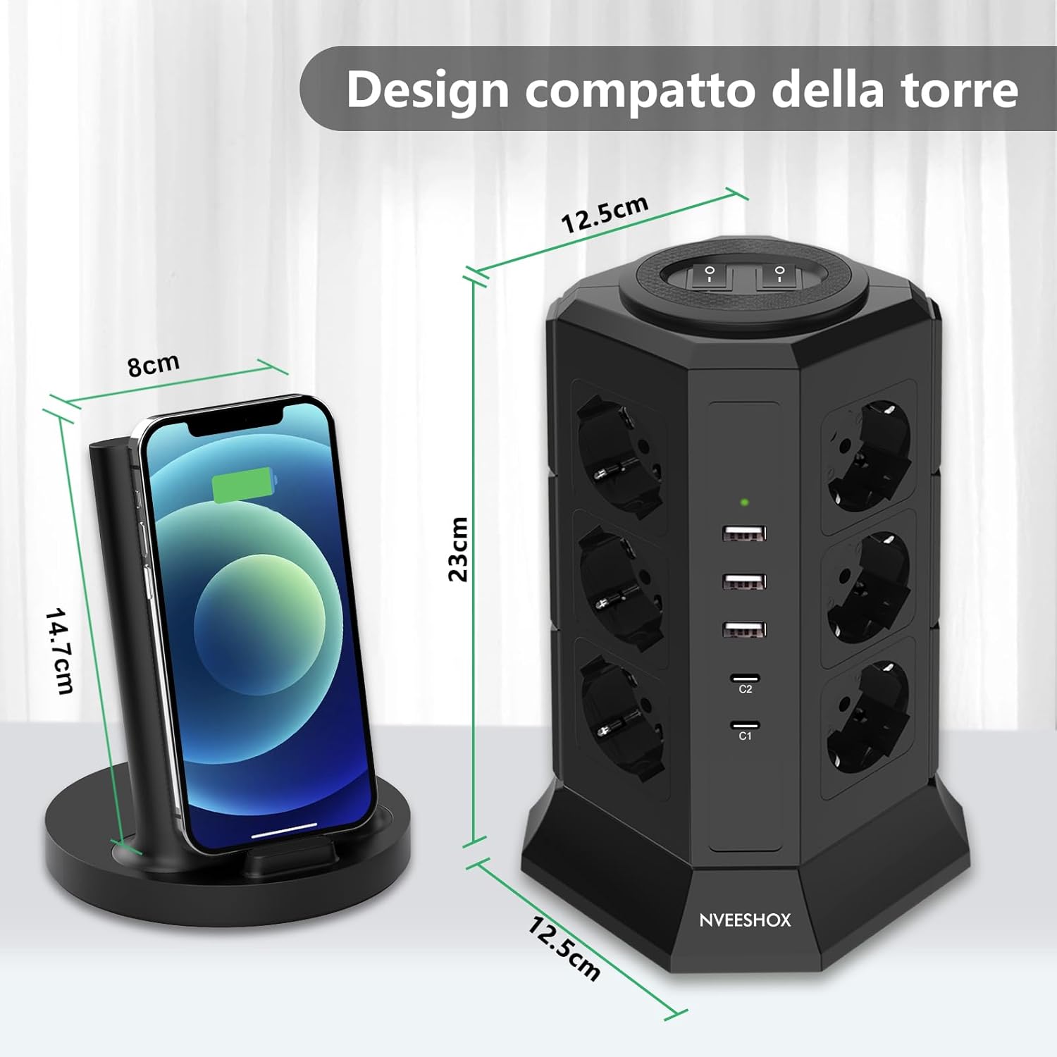 Nveeshox Multipresa Verticale 12 Schuko + 5 USB, Nera - immagine 5