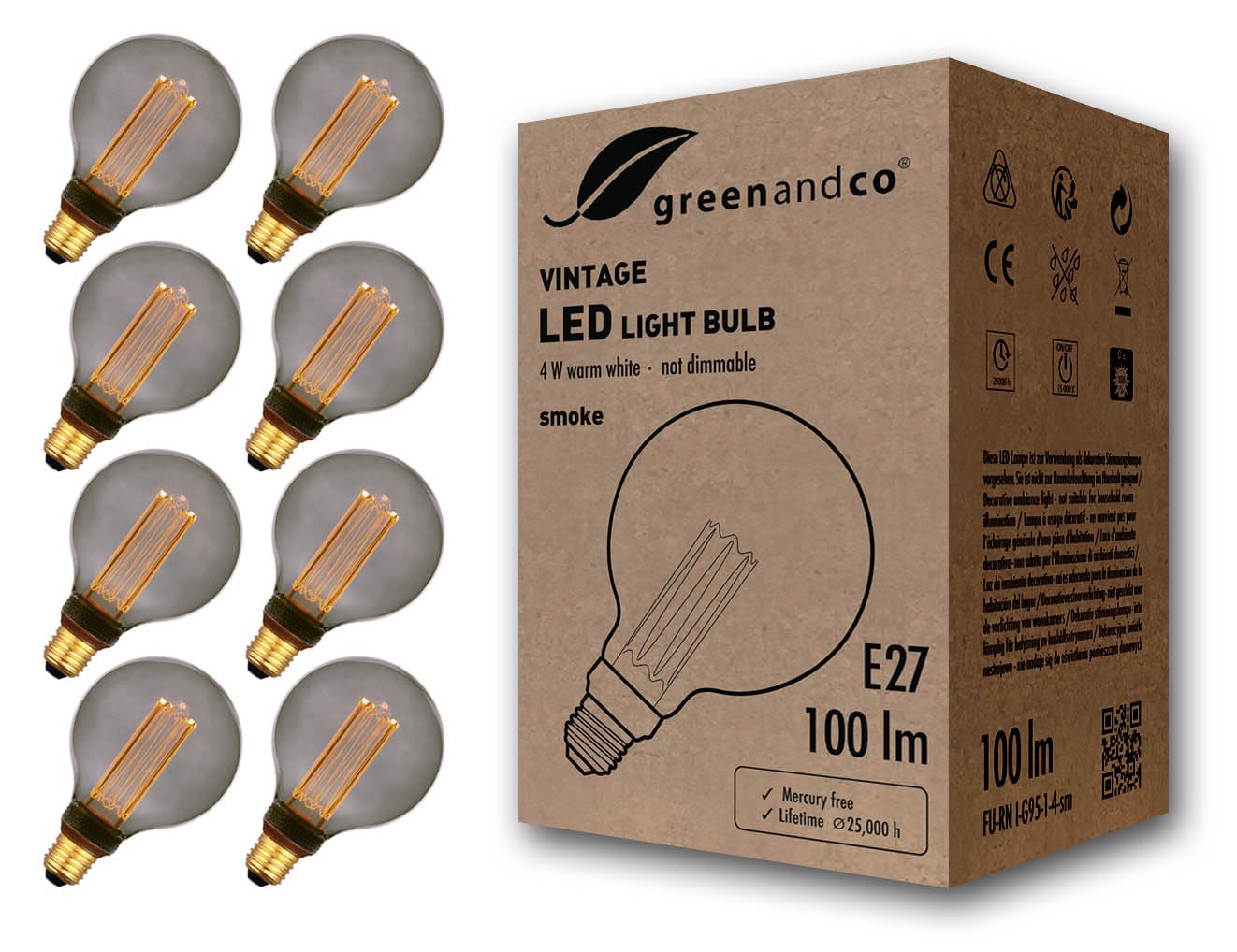 Greenandco 8x Lampadina LED Vintage E27 G95 4W