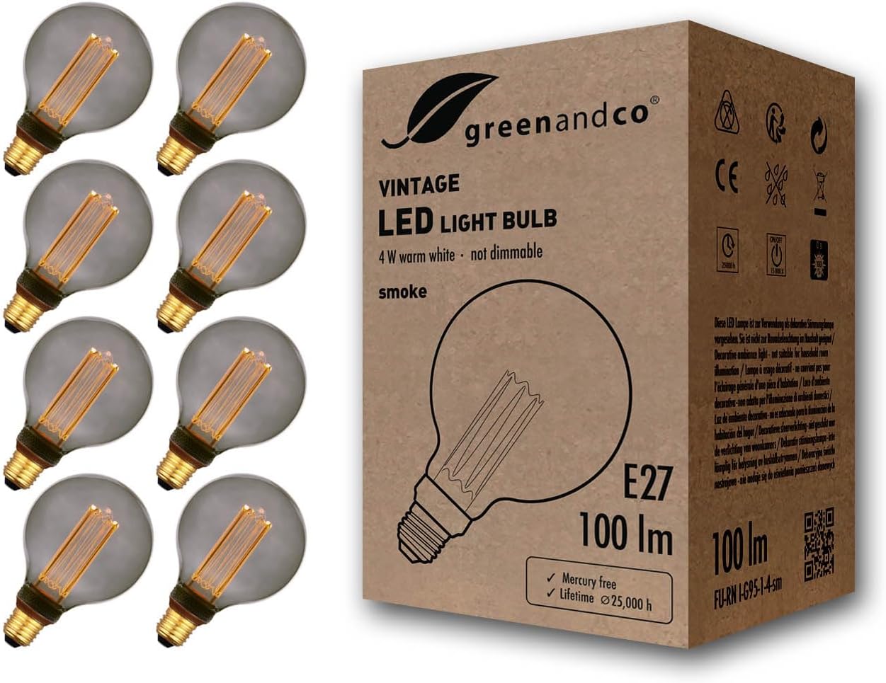 Greenandco 8x Lampadina LED Vintage E27 G95 4W - immagine 1