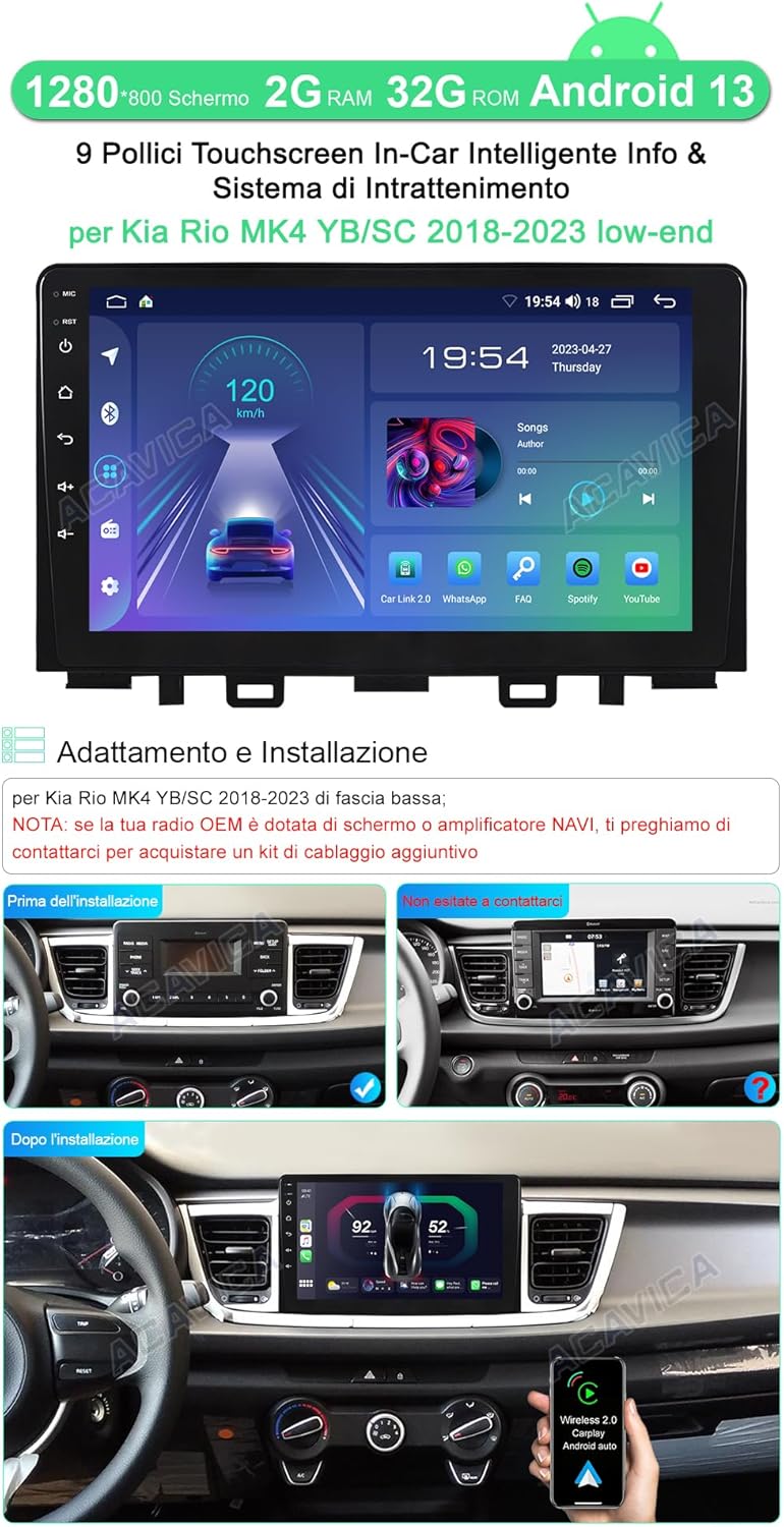 Acavica Android 13 Autoradio per Kia Rio MK4 (2018-2023) 9'' - immagine 2