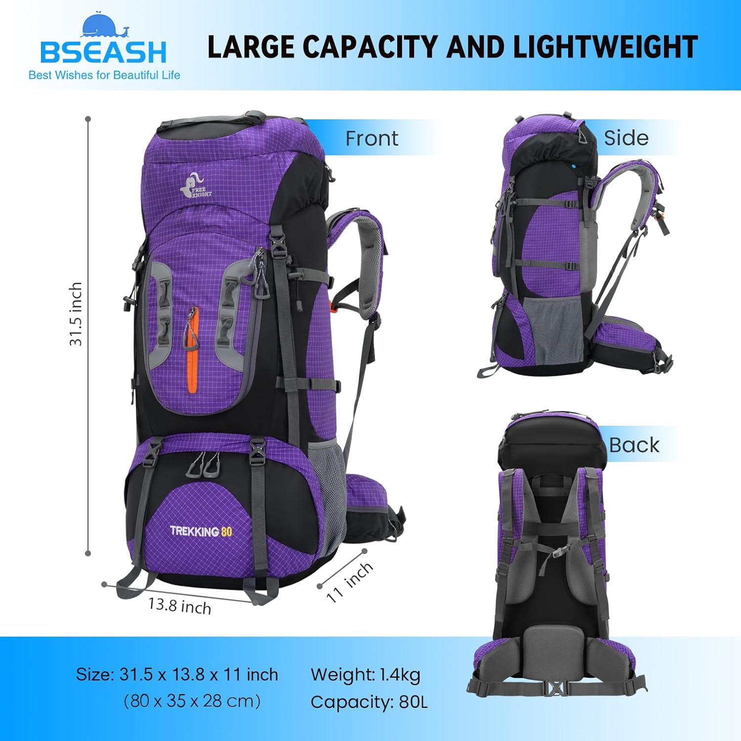 Bseash Zaino da Campeggio Impermeabile 80L - immagine 2