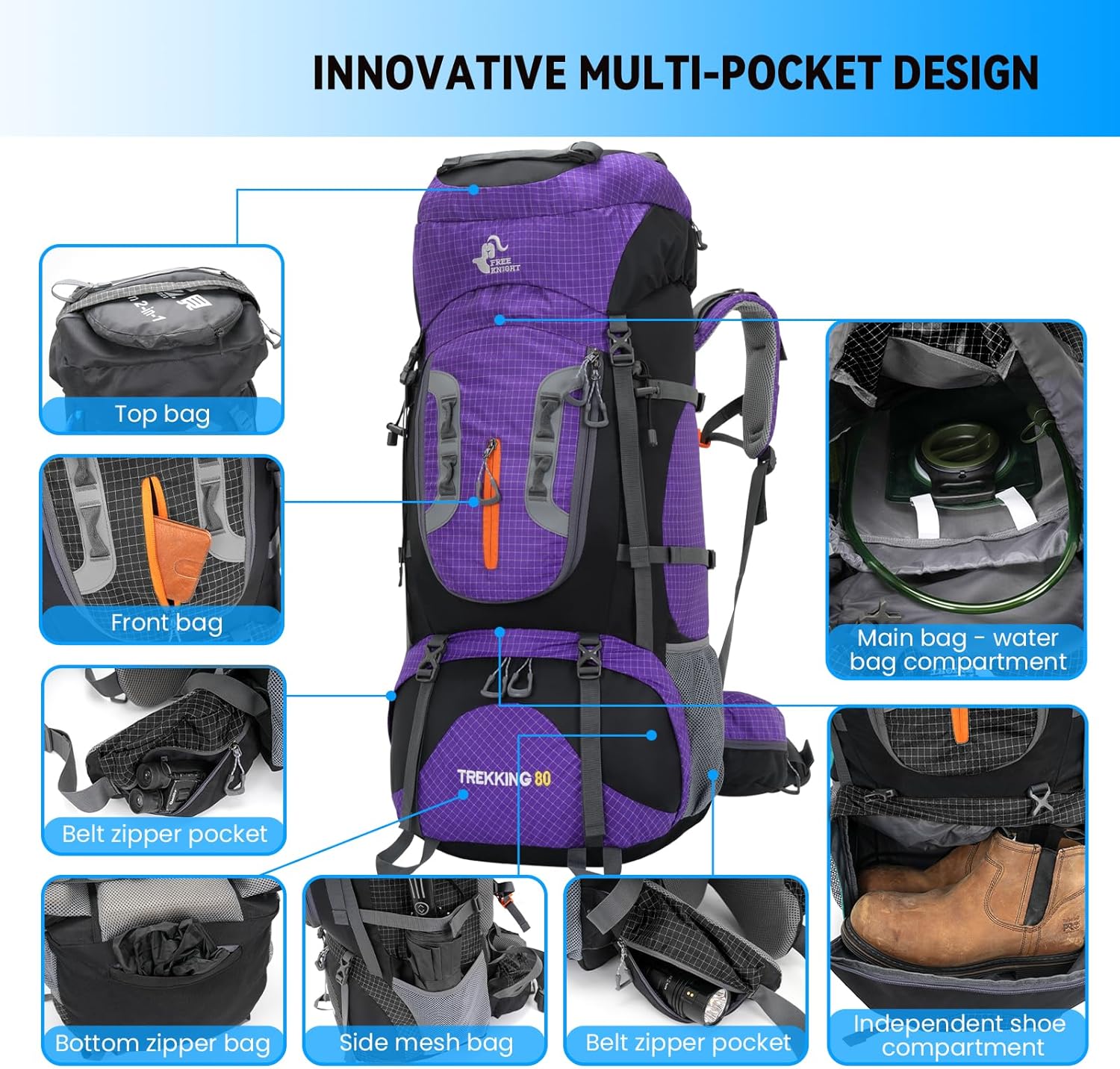 Bseash Zaino da Campeggio Impermeabile 80L - immagine 3