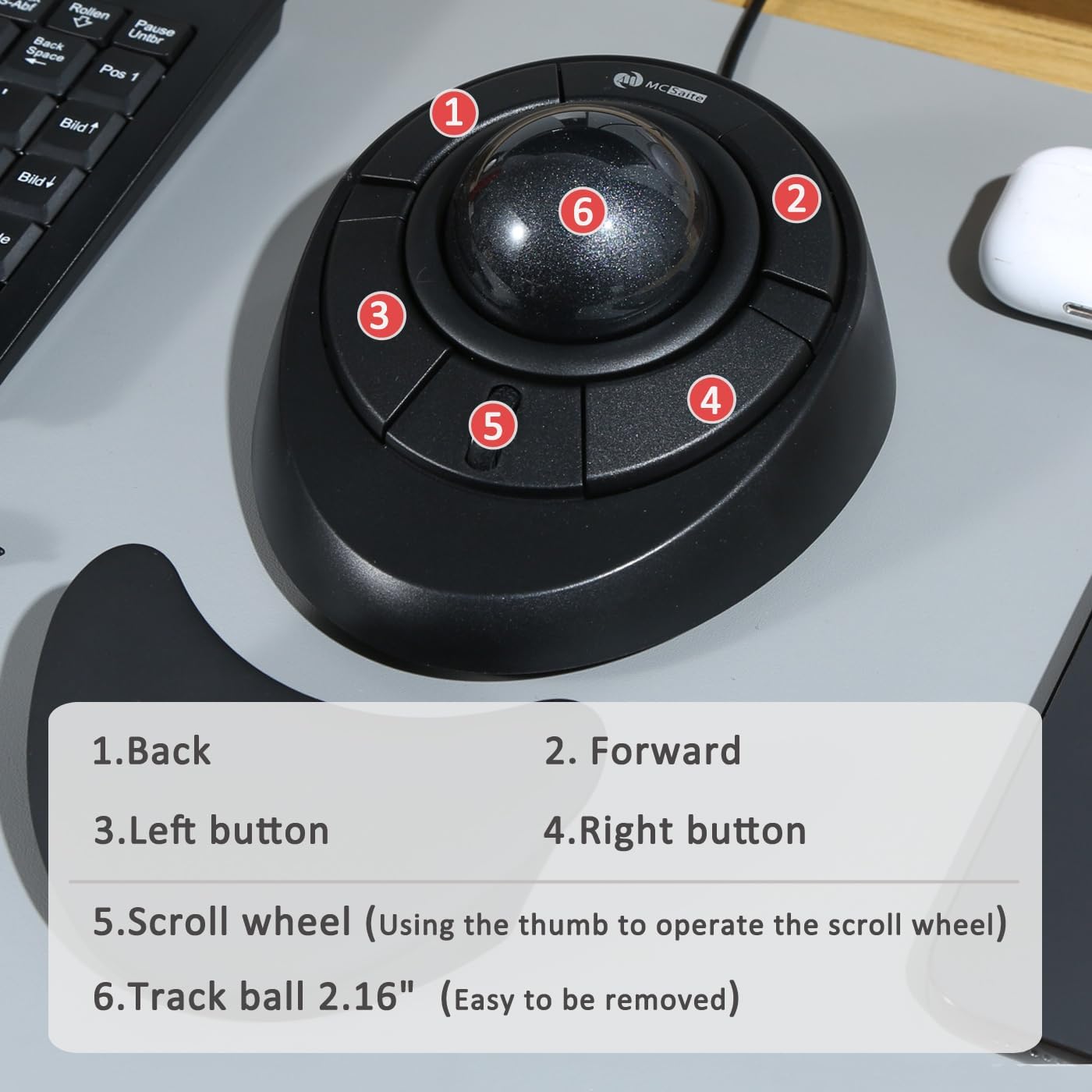 MCSaite Wired Trackball Mouse con rotella di scorrimento – palla grigia ...