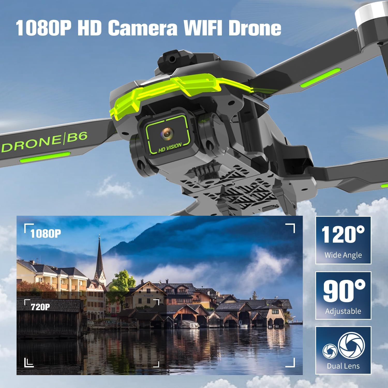 Drone con Telecamera HD 1080P Pieghevole, Green - immagine 2