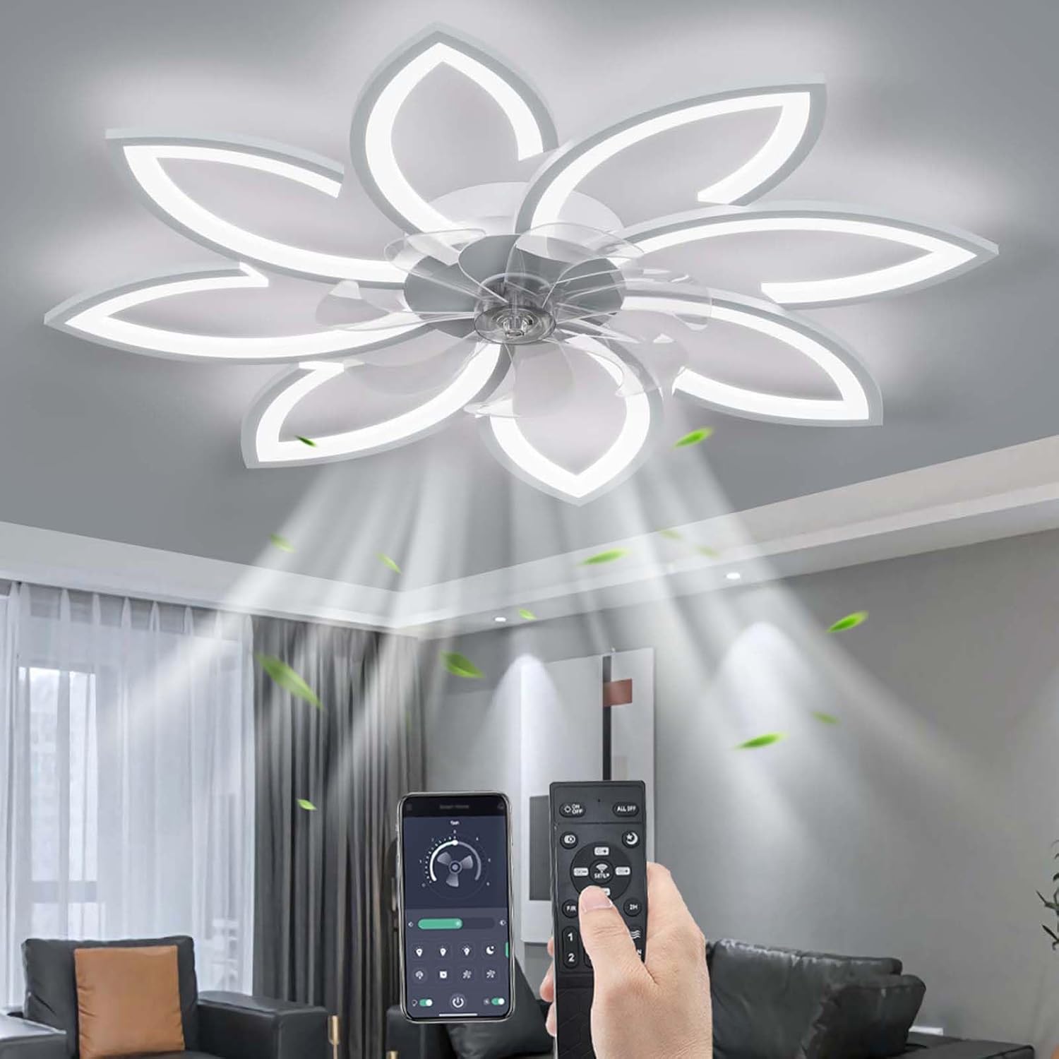 Yunzi Ventilatore da Soffitto con Luce LED 90CM, Bianco - immagine 1